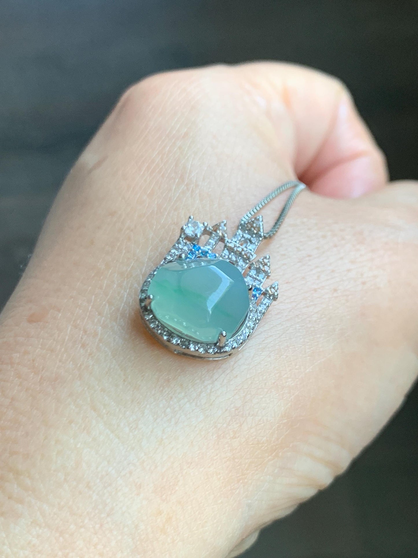 Natural Grade A Guatemalan Icy Translucent Pastel Green Marbled Faceted Jade Jadeite Castle Pendant Sterling Silver 天然冰危晴飘花翡翠切割面城堡吊坠 WXC120