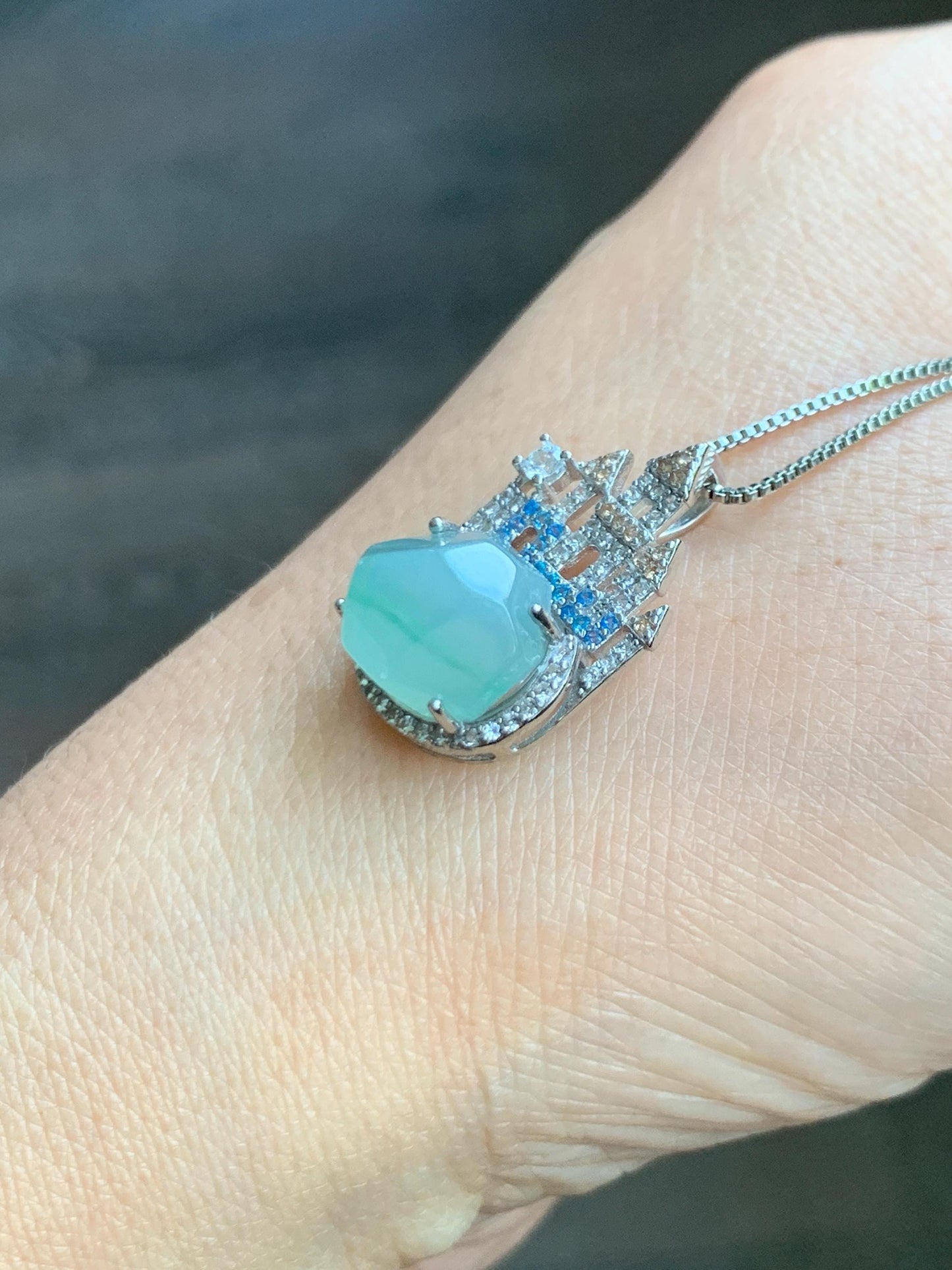 Natural Grade A Guatemalan Icy Translucent Pastel Green Marbled Faceted Jade Jadeite Castle Pendant Sterling Silver 天然冰危晴飘花翡翠切割面城堡吊坠 WXC120