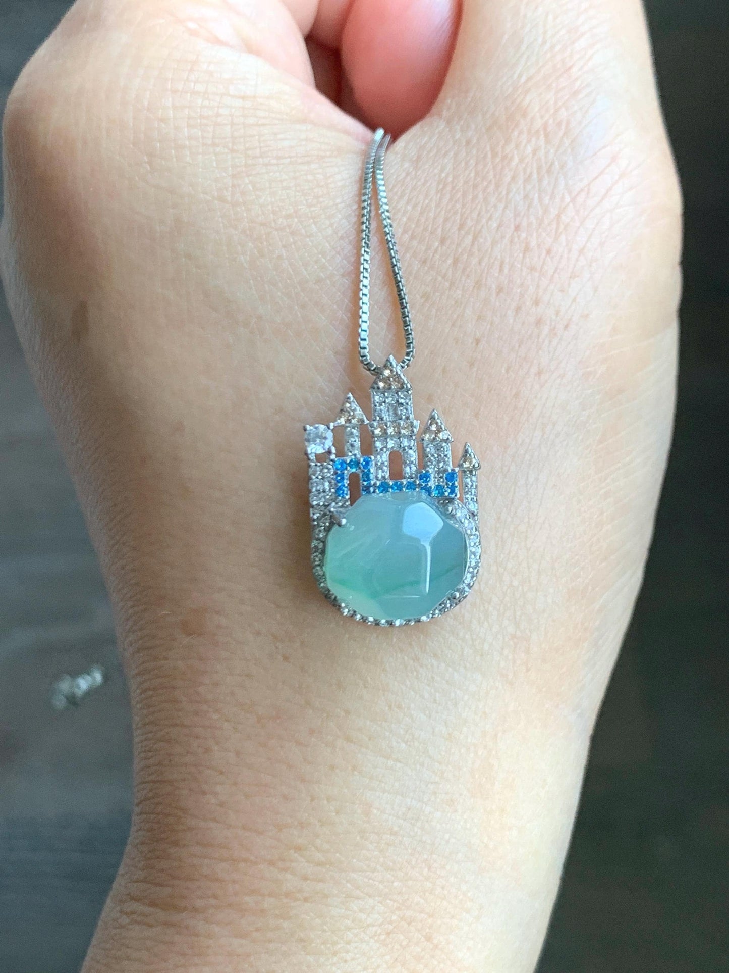 Natural Grade A Guatemalan Icy Translucent Pastel Green Marbled Faceted Jade Jadeite Castle Pendant Sterling Silver 天然冰危晴飘花翡翠切割面城堡吊坠 WXC120