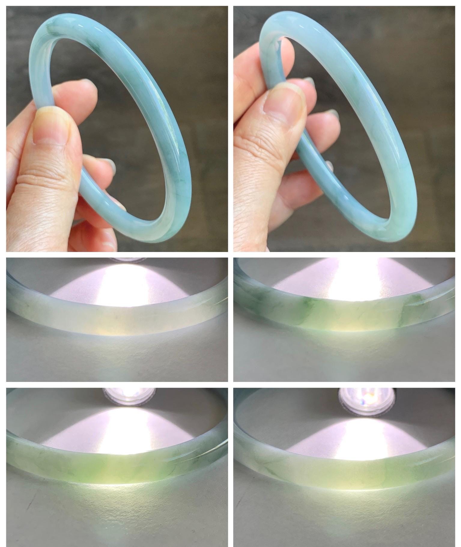 Certified Natural Grade A Guatemalan Icy Translucent Pastel Dusty Blue Marbled Jade Jadeite Bangle 60.87mm 7.5” 25.22g 天然冰危浅篮飘花翡翠圆条手镯 712