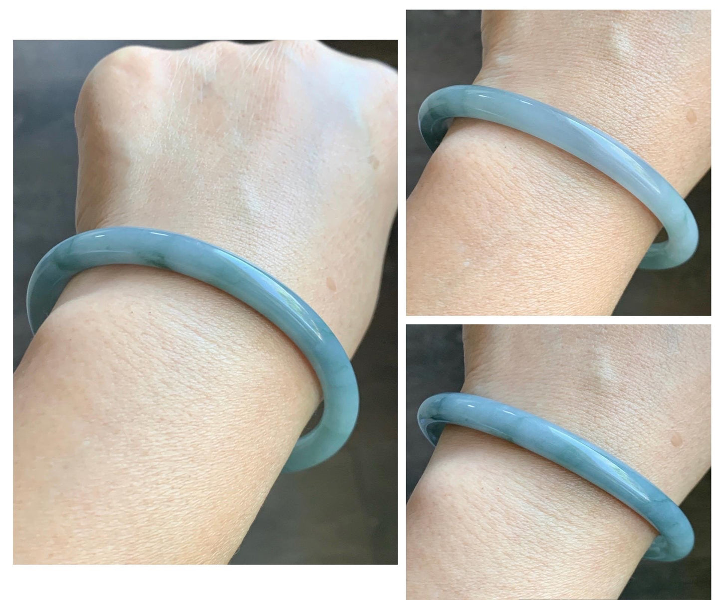 Certified Natural Grade A Guatemalan Icy Translucent Pastel Dusty Blue Marbled Jade Jadeite Bangle 60.87mm 7.5” 25.22g 天然冰危浅篮飘花翡翠圆条手镯 712