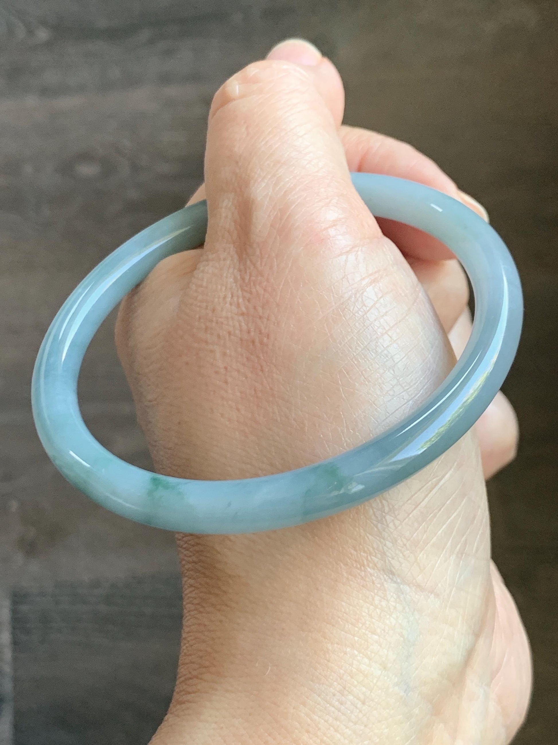 Certified Natural Grade A Guatemalan Icy Translucent Pastel Dusty Blue Marbled Jade Jadeite Bangle 60.87mm 7.5” 25.22g 天然冰危浅篮飘花翡翠圆条手镯 712