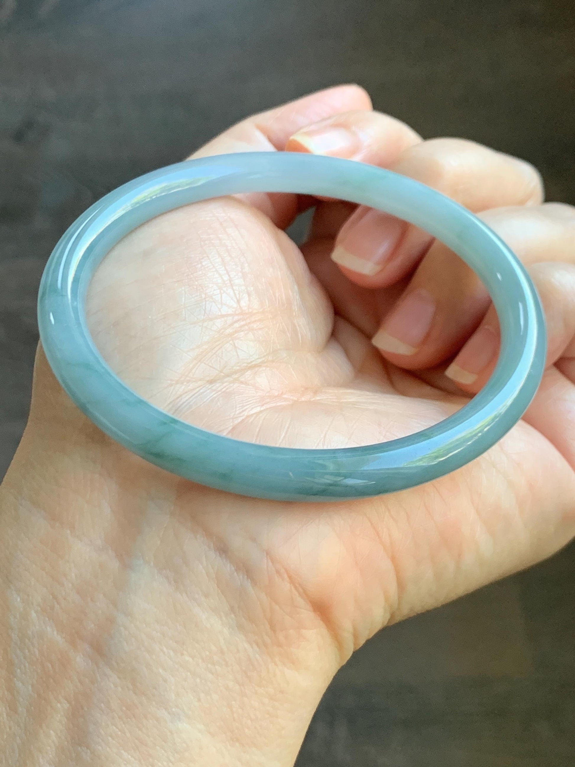 Certified Natural Grade A Guatemalan Icy Translucent Pastel Dusty Blue Marbled Jade Jadeite Bangle 60.87mm 7.5” 25.22g 天然冰危浅篮飘花翡翠圆条手镯 712