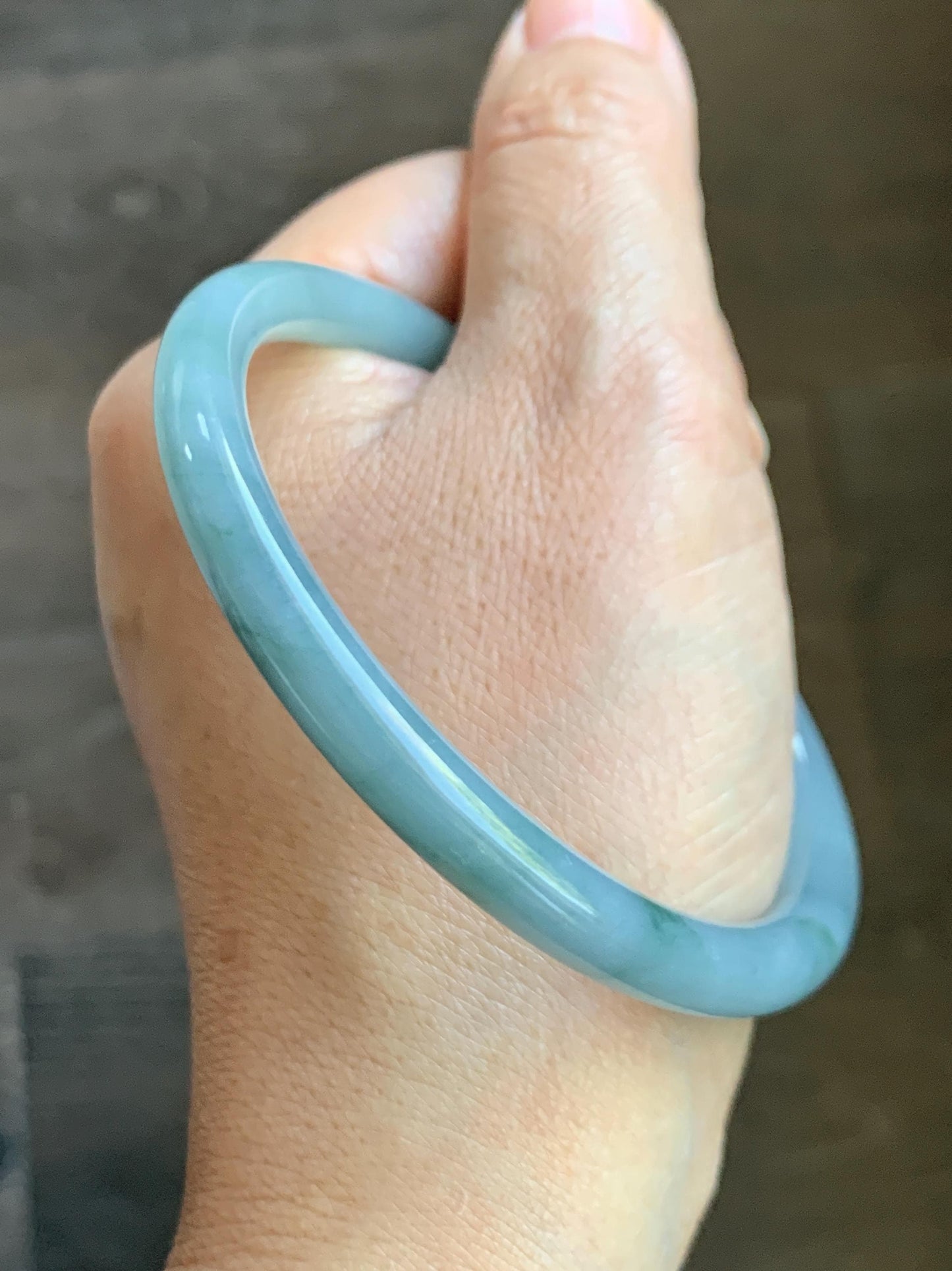 Certified Natural Grade A Guatemalan Icy Translucent Pastel Dusty Blue Marbled Jade Jadeite Bangle 60.87mm 7.5” 25.22g 天然冰危浅篮飘花翡翠圆条手镯 712