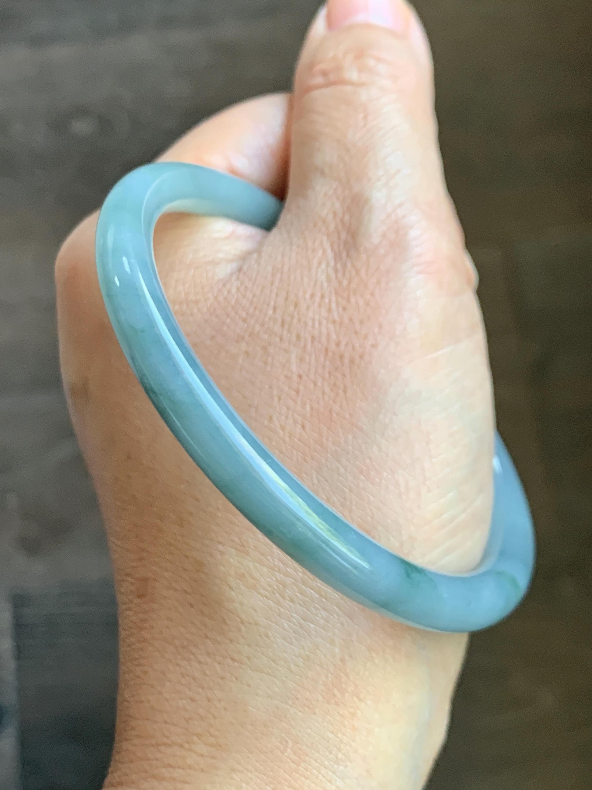 Certified Natural Grade A Guatemalan Icy Translucent Pastel Dusty Blue Marbled Jade Jadeite Bangle 60.87mm 7.5” 25.22g 天然冰危浅篮飘花翡翠圆条手镯 712