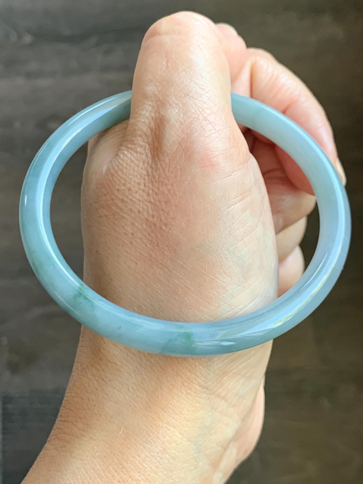 Certified Natural Grade A Guatemalan Icy Translucent Pastel Dusty Blue Marbled Jade Jadeite Bangle 60.87mm 7.5” 25.22g 天然冰危浅篮飘花翡翠圆条手镯 712