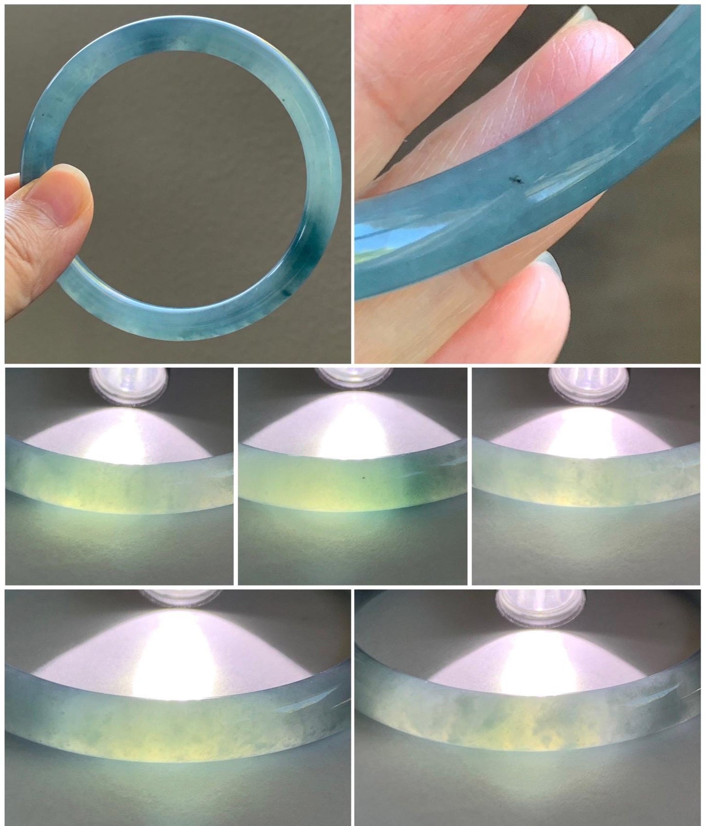 Certified Natural Grade A Guatemalan Icy Translucent Dusty Blue Marbled Jade Jadeite Bangle Bracelet 58.59mm 7.24” 32g 天然冰危蓝飘花翡翠圆条手镯 725