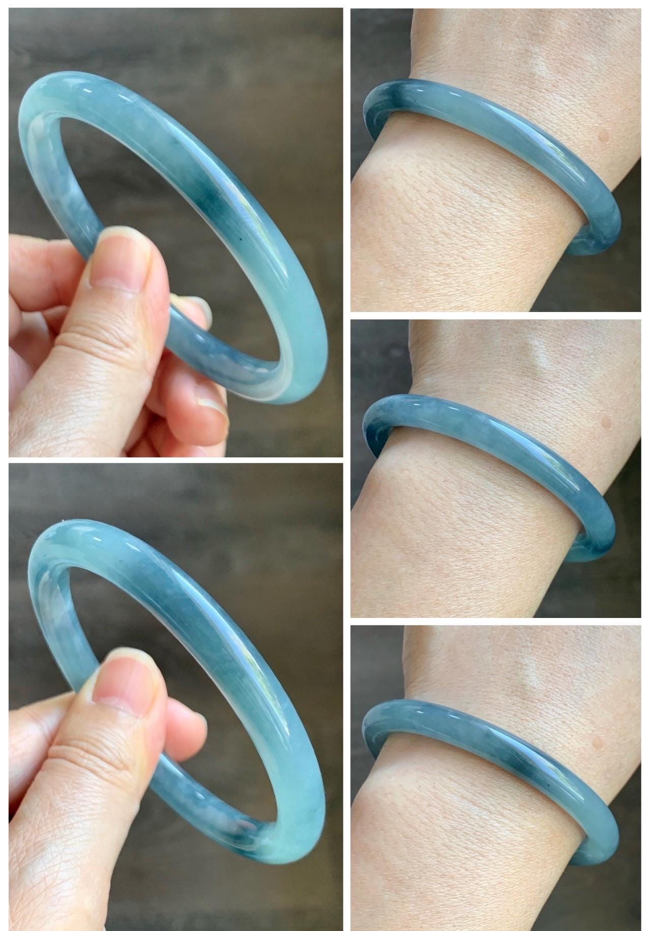 Certified Natural Grade A Guatemalan Icy Translucent Dusty Blue Marbled Jade Jadeite Bangle Bracelet 58.59mm 7.24” 32g 天然冰危蓝飘花翡翠圆条手镯 725