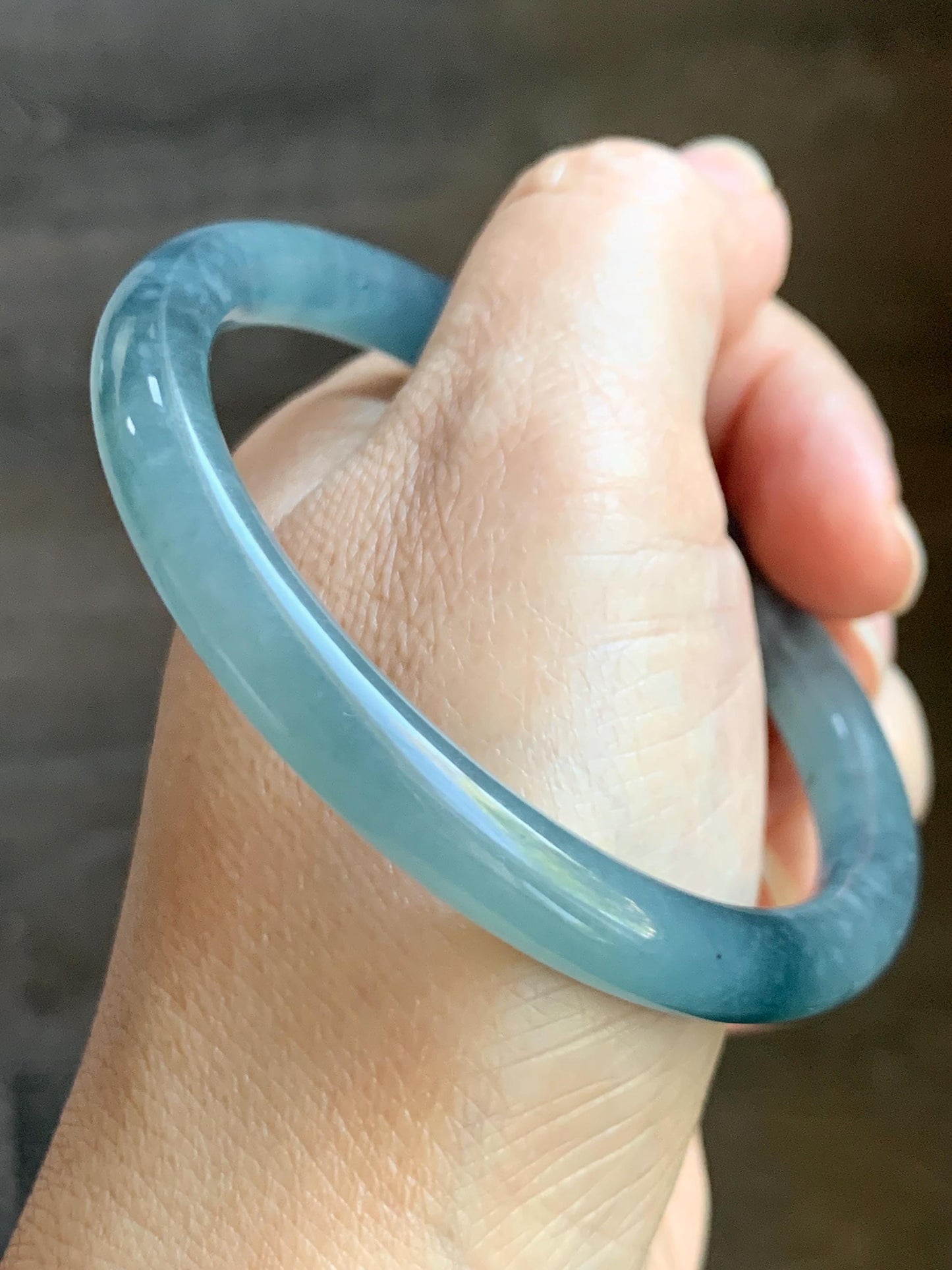 Certified Natural Grade A Guatemalan Icy Translucent Dusty Blue Marbled Jade Jadeite Bangle Bracelet 58.59mm 7.24” 32g 天然冰危蓝飘花翡翠圆条手镯 725