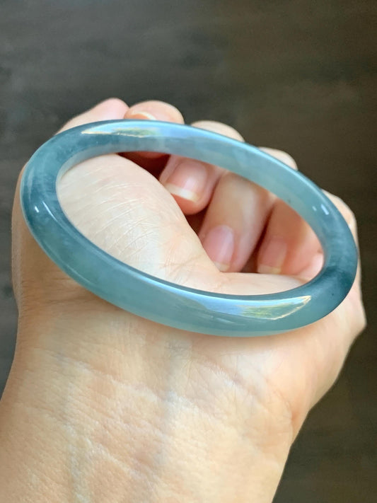 Certified Natural Grade A Guatemalan Icy Translucent Dusty Blue Marbled Jade Jadeite Bangle Bracelet 58.59mm 7.24” 32g 天然冰危蓝飘花翡翠圆条手镯 725