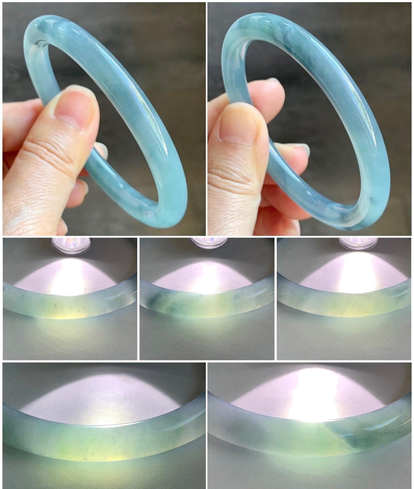 Certified Natural Grade A Guatemalan Icy Translucent Dusty Blue Marbled Jade Jadeite Bangle Bracelet 56.48mm 6.98” 30g 天然冰危蓝飘花翡翠圆条手镯 291