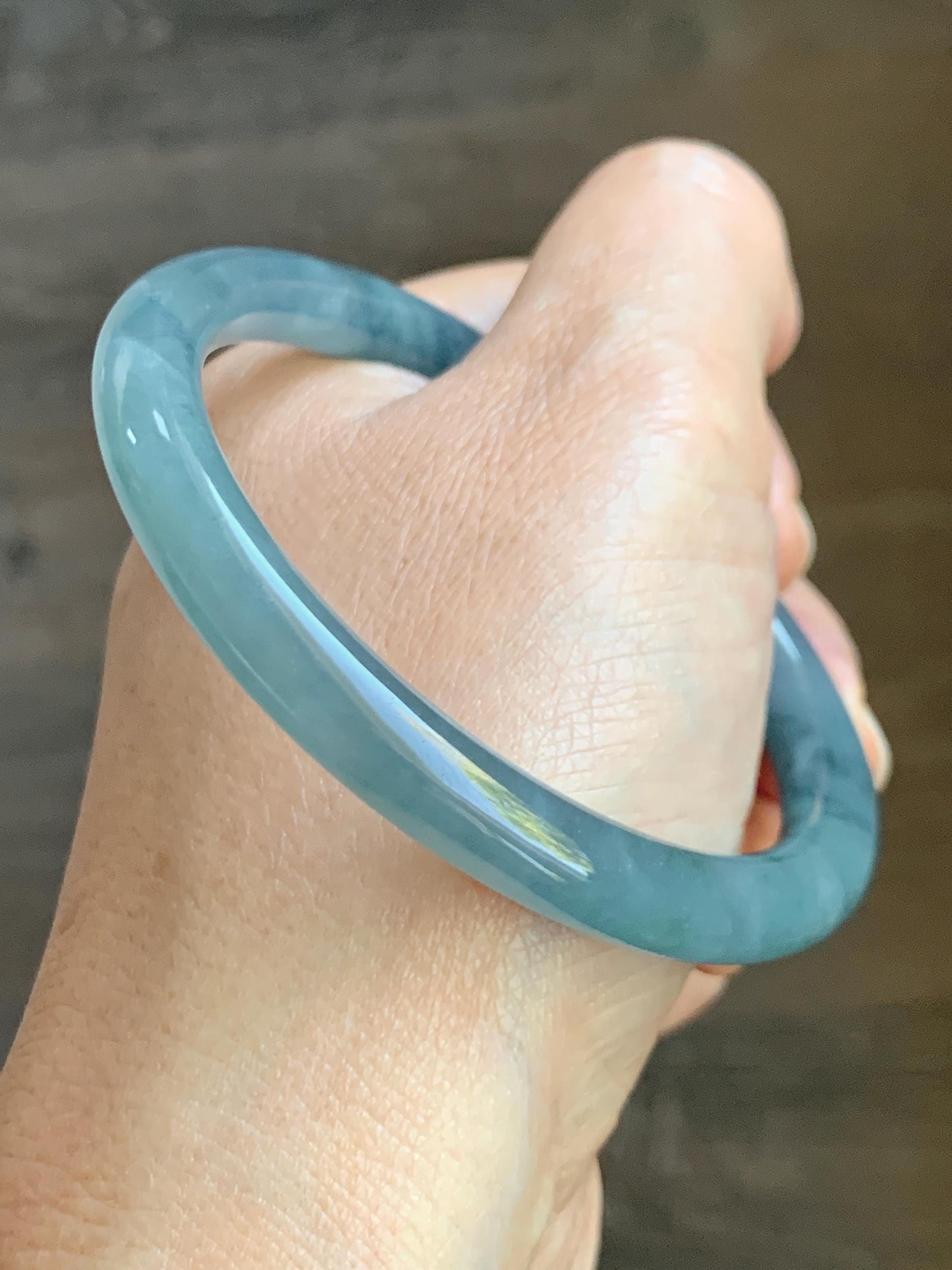 Certified Natural Grade A Guatemalan Icy Translucent Dusty Blue Marbled Jade Jadeite Bangle Bracelet 56.48mm 6.98” 30g 天然冰危蓝飘花翡翠圆条手镯 291