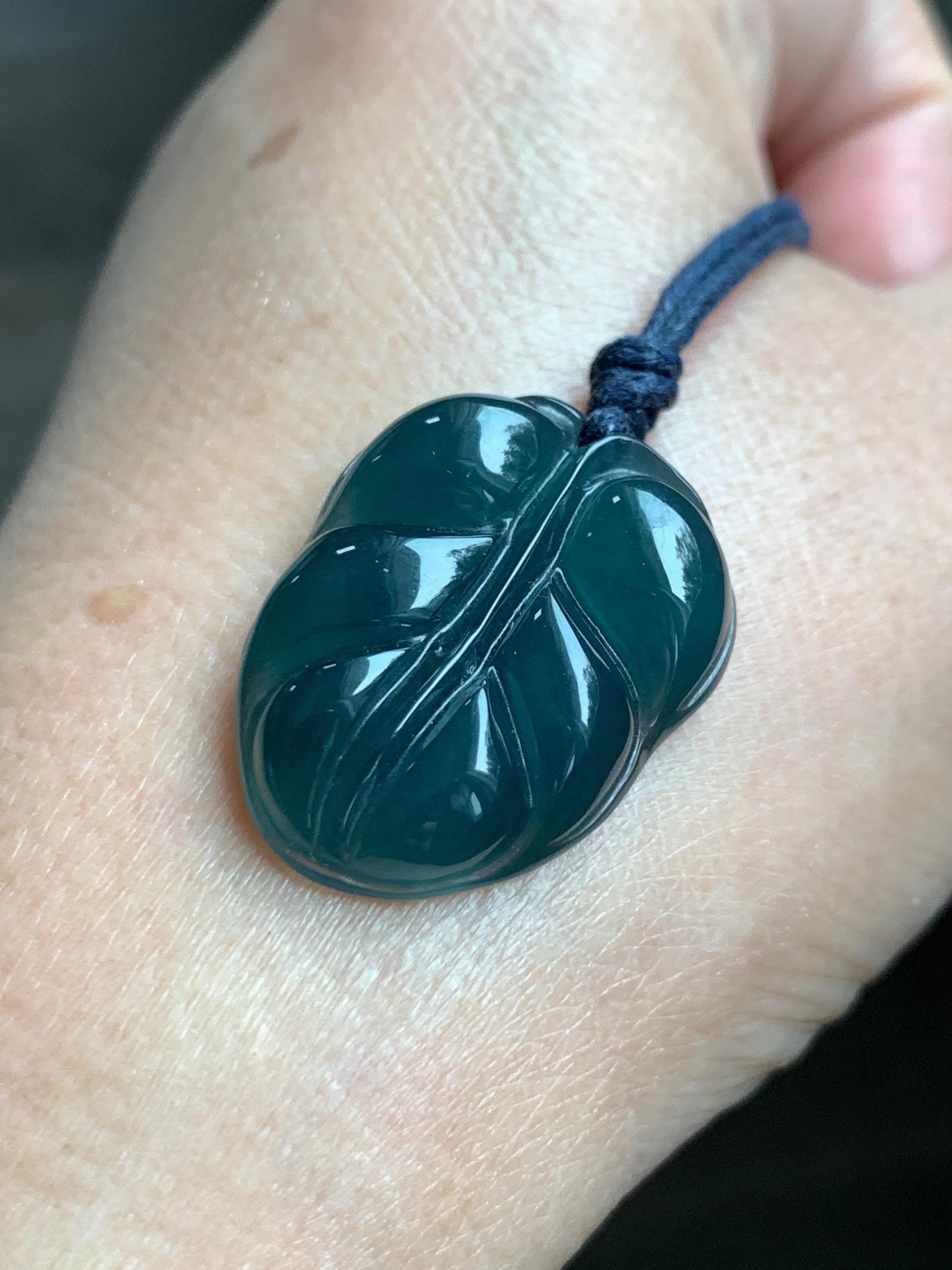 Natural Grade A Guatemalan Icy Translucent Dark Teal Blue Jade Jadeite Carved Leaf Pendant Rope Necklace 25” 8g 天然老种冰危深蓝水翡翠大叶有成吊坠 SLY99A