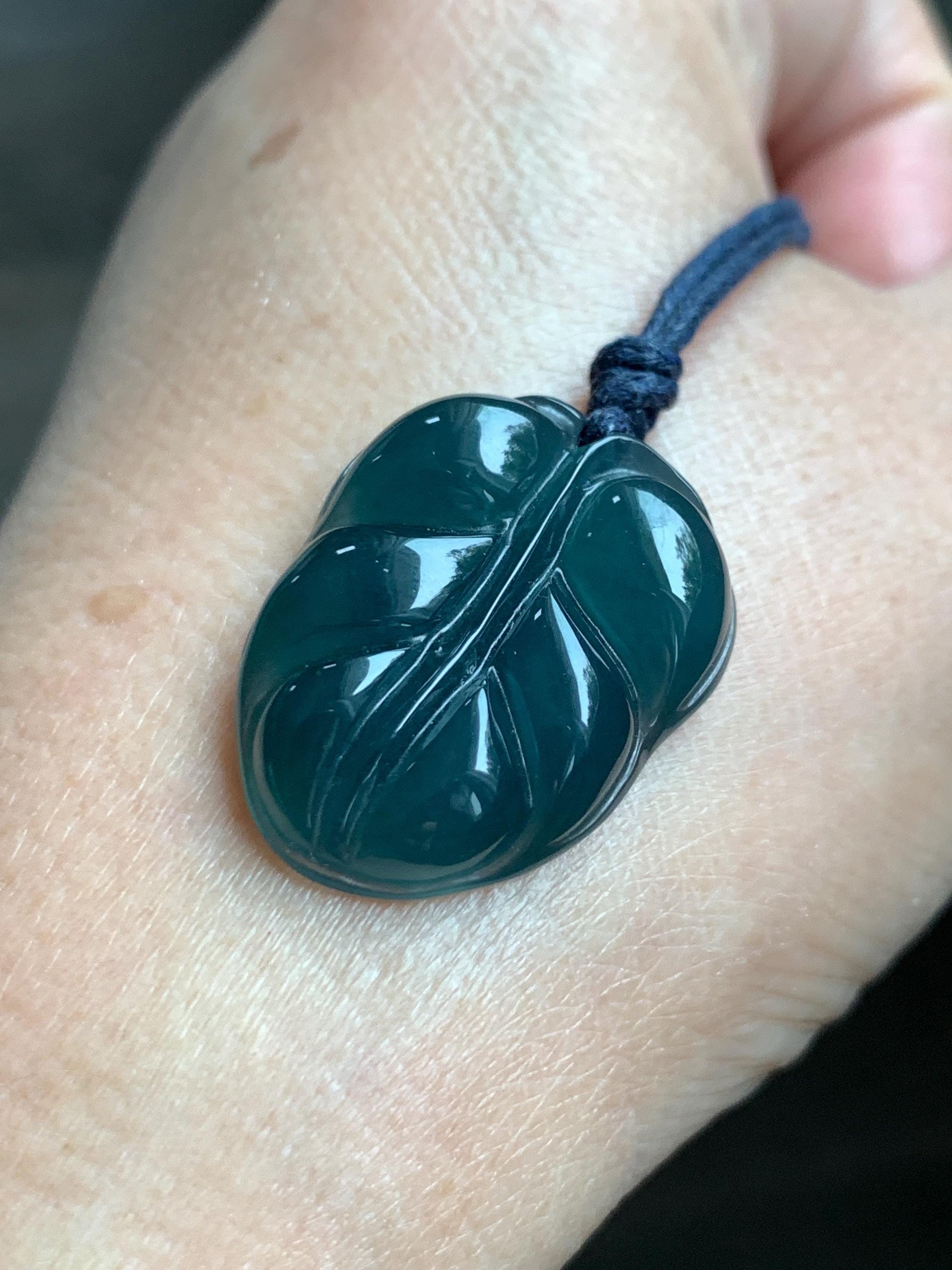 Natural Grade A Guatemalan Icy Translucent Dark Teal Blue Jade Jadeite Carved Leaf Pendant Rope Necklace 25” 8g 天然老种冰危深蓝水翡翠大叶有成吊坠 SLY99A