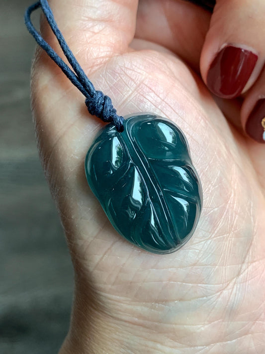 Natural Grade A Guatemalan Icy Translucent Dark Teal Blue Jade Jadeite Carved Leaf Pendant Rope Necklace 25” 8g 天然老种冰危深蓝水翡翠大叶有成吊坠 SLY99A