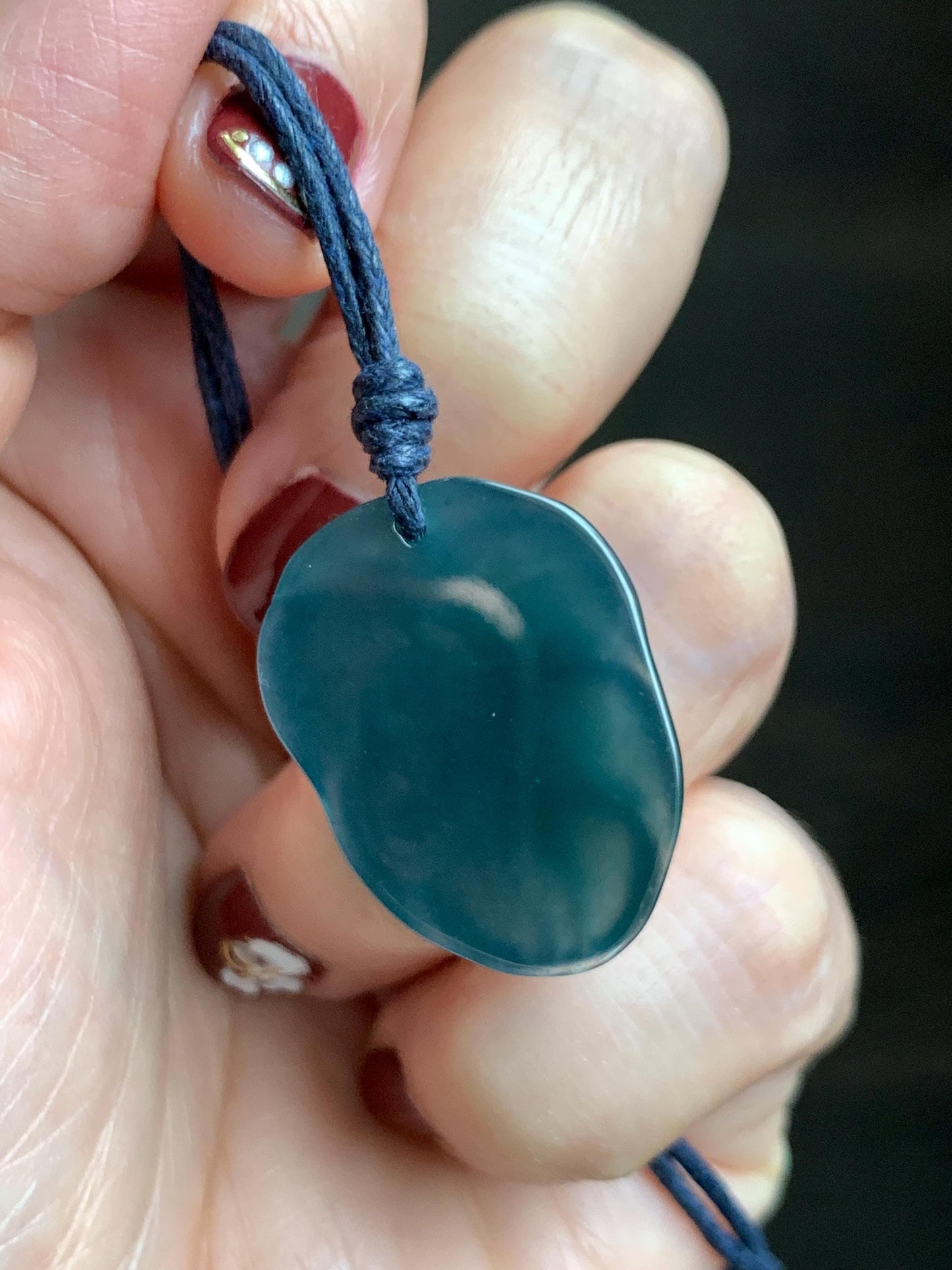 Natural Grade A Guatemalan Icy Translucent Dark Teal Blue Jade Jadeite Carved Leaf Pendant Rope Necklace 25” 8g 天然老种冰危深蓝水翡翠大叶有成吊坠 SLY99A