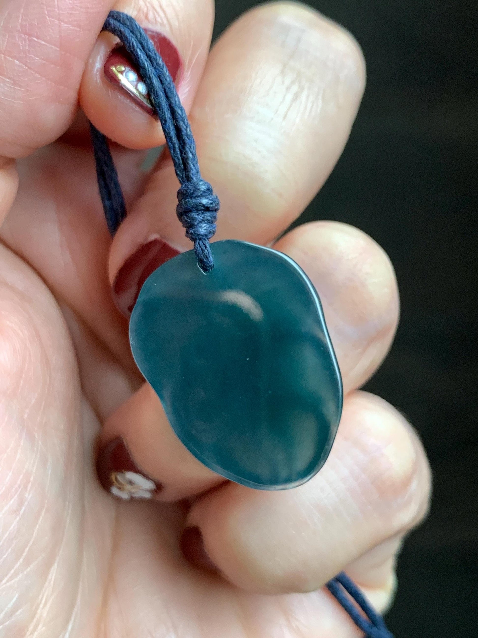 Natural Grade A Guatemalan Icy Translucent Dark Teal Blue Jade Jadeite Carved Leaf Pendant Rope Necklace 25” 8g 天然老种冰危深蓝水翡翠大叶有成吊坠 SLY99A