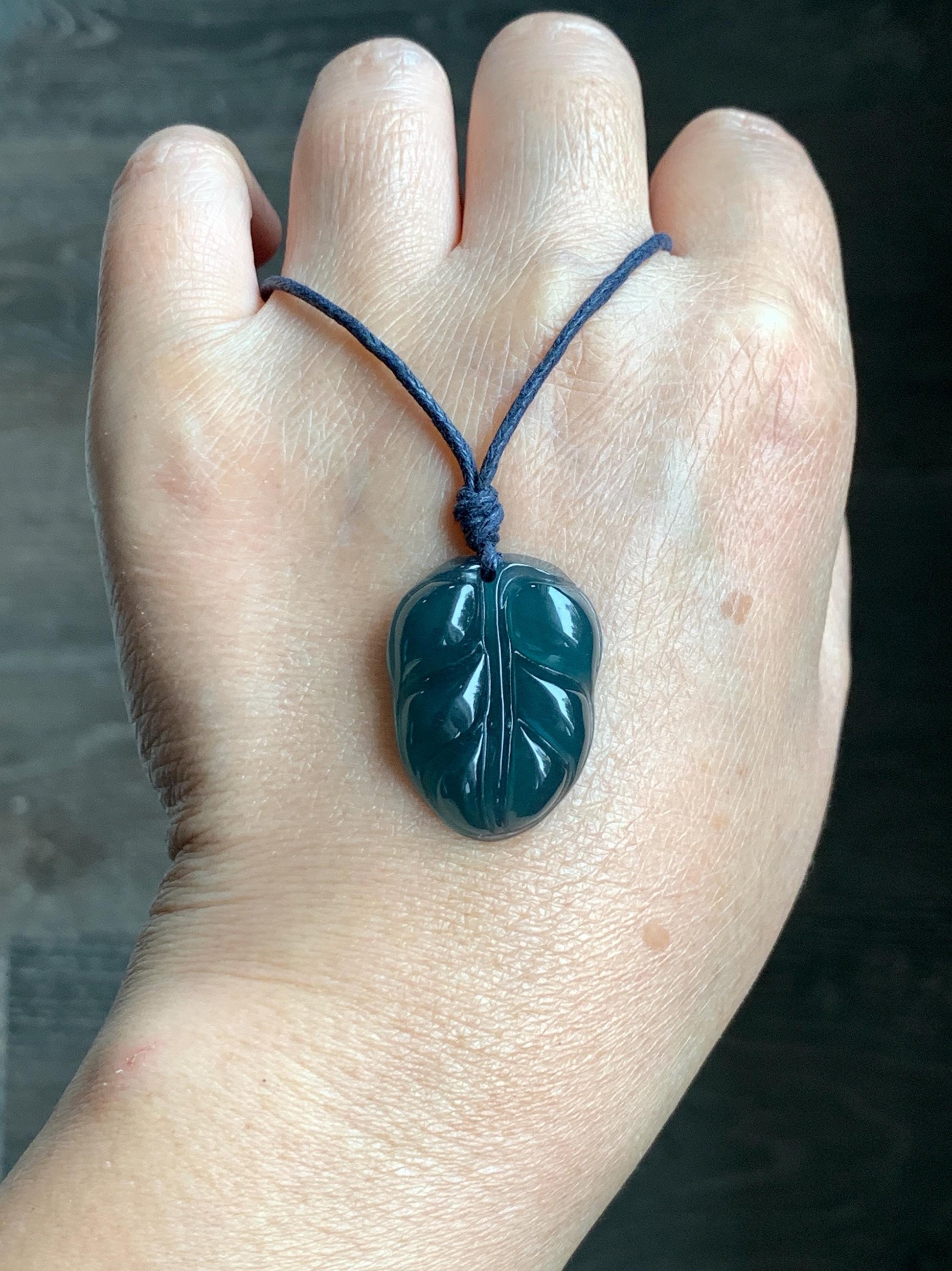 Natural Grade A Guatemalan Icy Translucent Dark Teal Blue Jade Jadeite Carved Leaf Pendant Rope Necklace 25” 8g 天然老种冰危深蓝水翡翠大叶有成吊坠 SLY99A