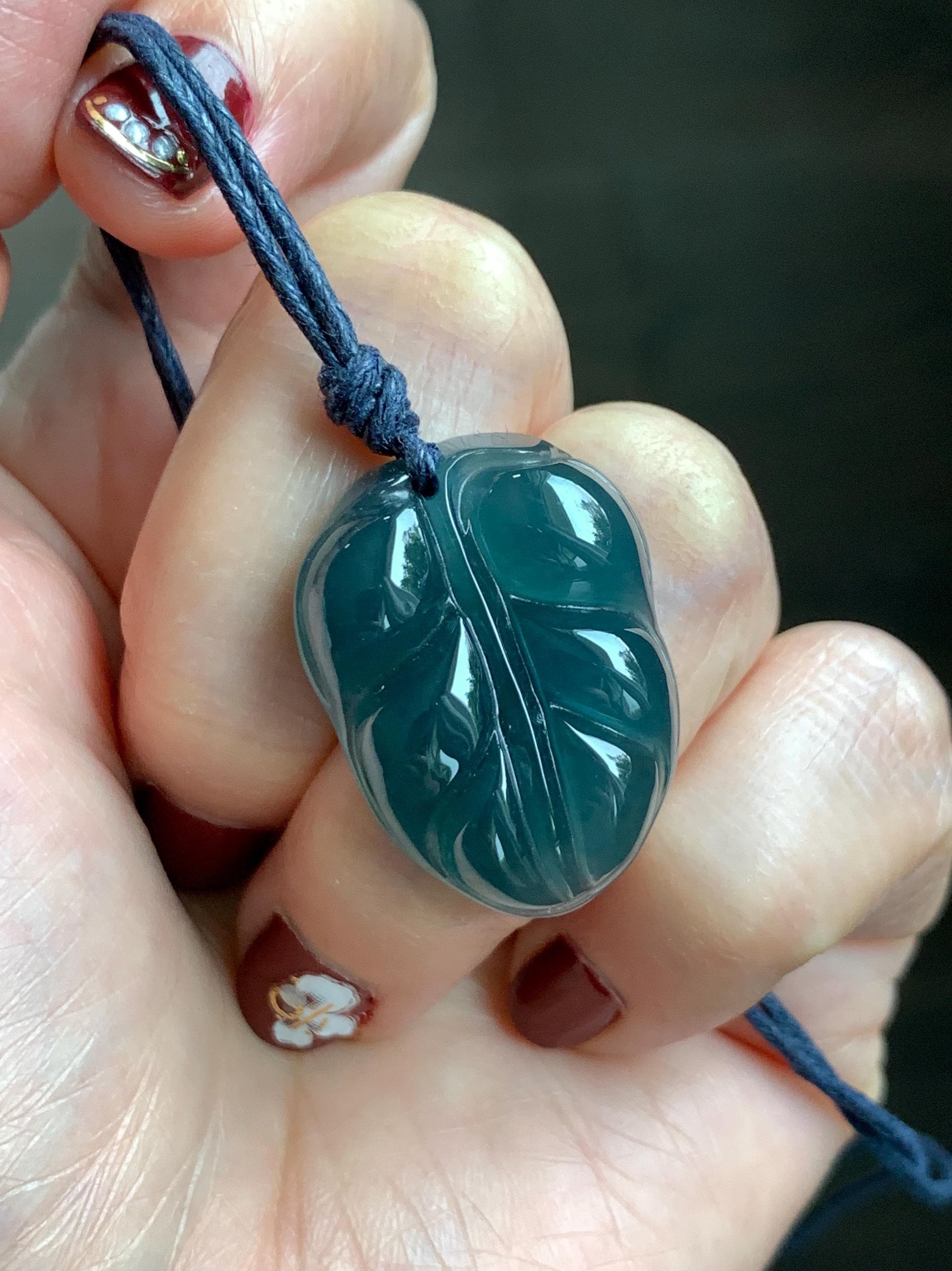 Natural Grade A Guatemalan Icy Translucent Dark Teal Blue Jade Jadeite Carved Leaf Pendant Rope Necklace 25” 8g 天然老种冰危深蓝水翡翠大叶有成吊坠 SLY99A