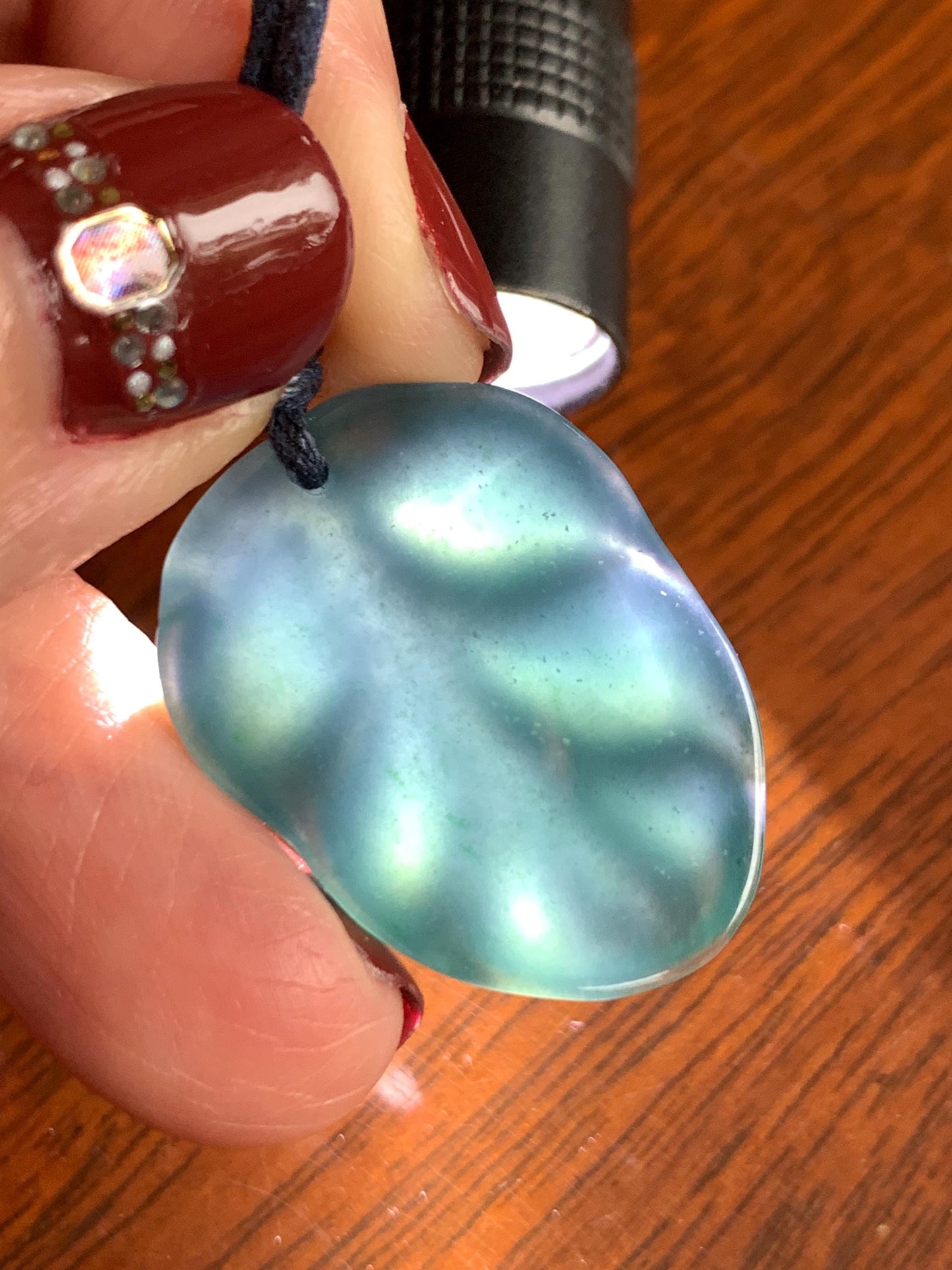 Natural Grade A Guatemalan Icy Translucent Dark Teal Blue Jade Jadeite Carved Leaf Pendant Rope Necklace 25” 8g 天然老种冰危深蓝水翡翠大叶有成吊坠 SLY99A