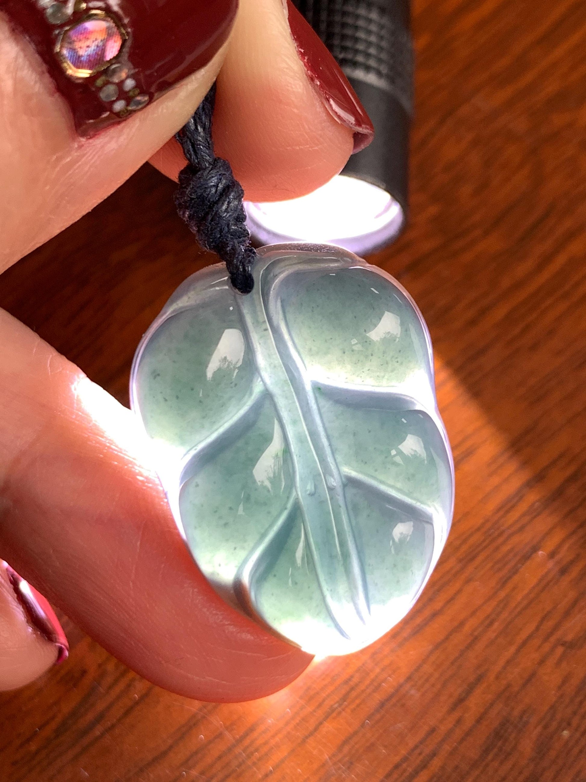 Natural Grade A Guatemalan Icy Translucent Dark Teal Blue Jade Jadeite Carved Leaf Pendant Rope Necklace 25” 8g 天然老种冰危深蓝水翡翠大叶有成吊坠 SLY99A