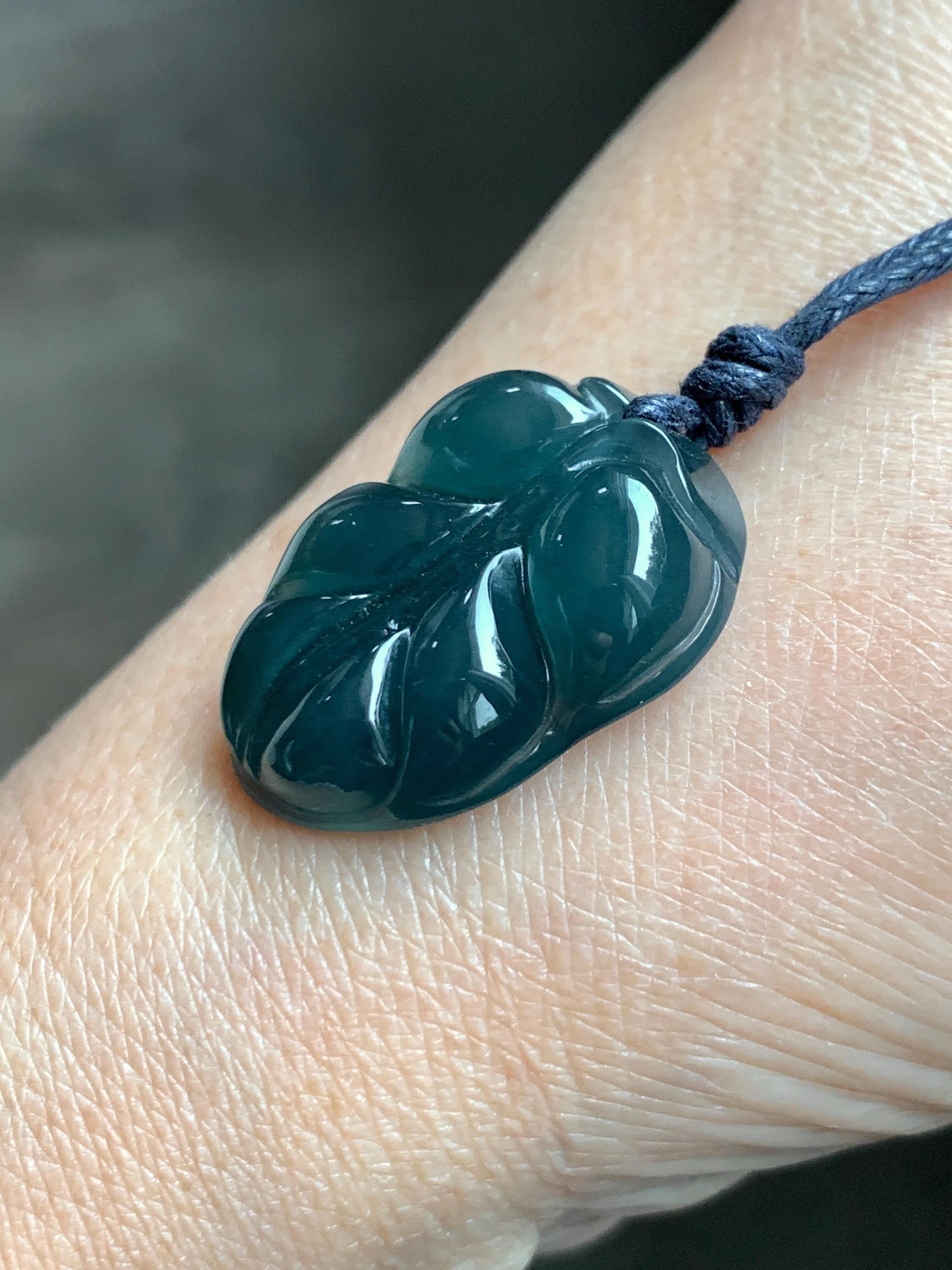 Natural Grade A Guatemalan Icy Translucent Dark Teal Blue Jade Jadeite Carved Leaf Pendant Rope Necklace 25” 8g 天然老种冰危深蓝水翡翠大叶有成吊坠 SLY99A