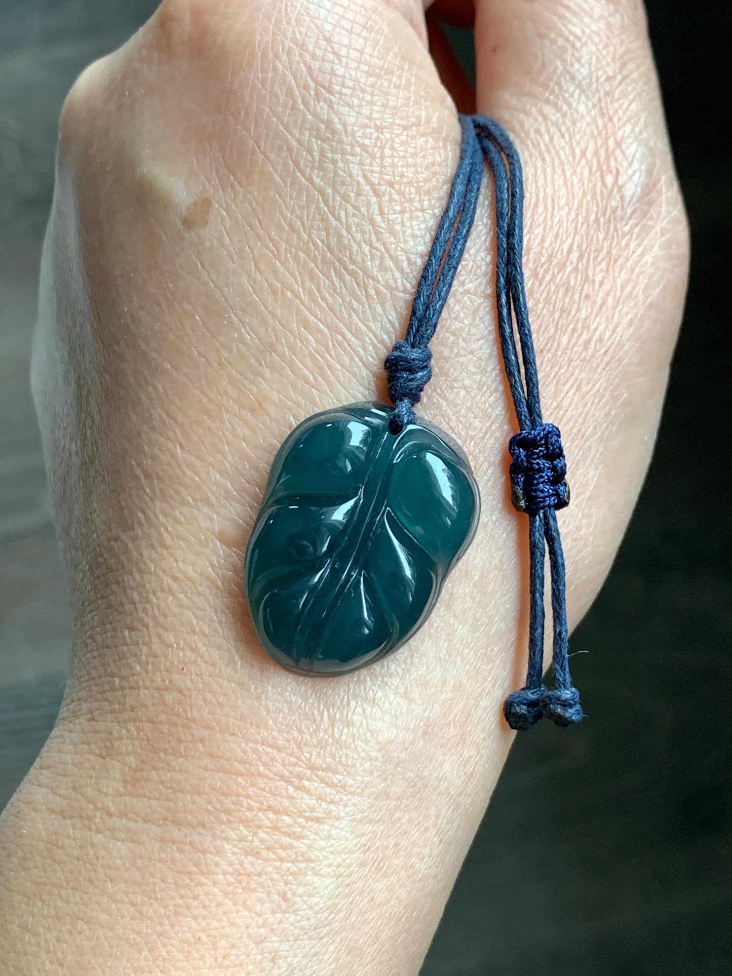 Natural Grade A Guatemalan Icy Translucent Dark Teal Blue Jade Jadeite Carved Leaf Pendant Rope Necklace 25” 8g 天然老种冰危深蓝水翡翠大叶有成吊坠 SLY99A