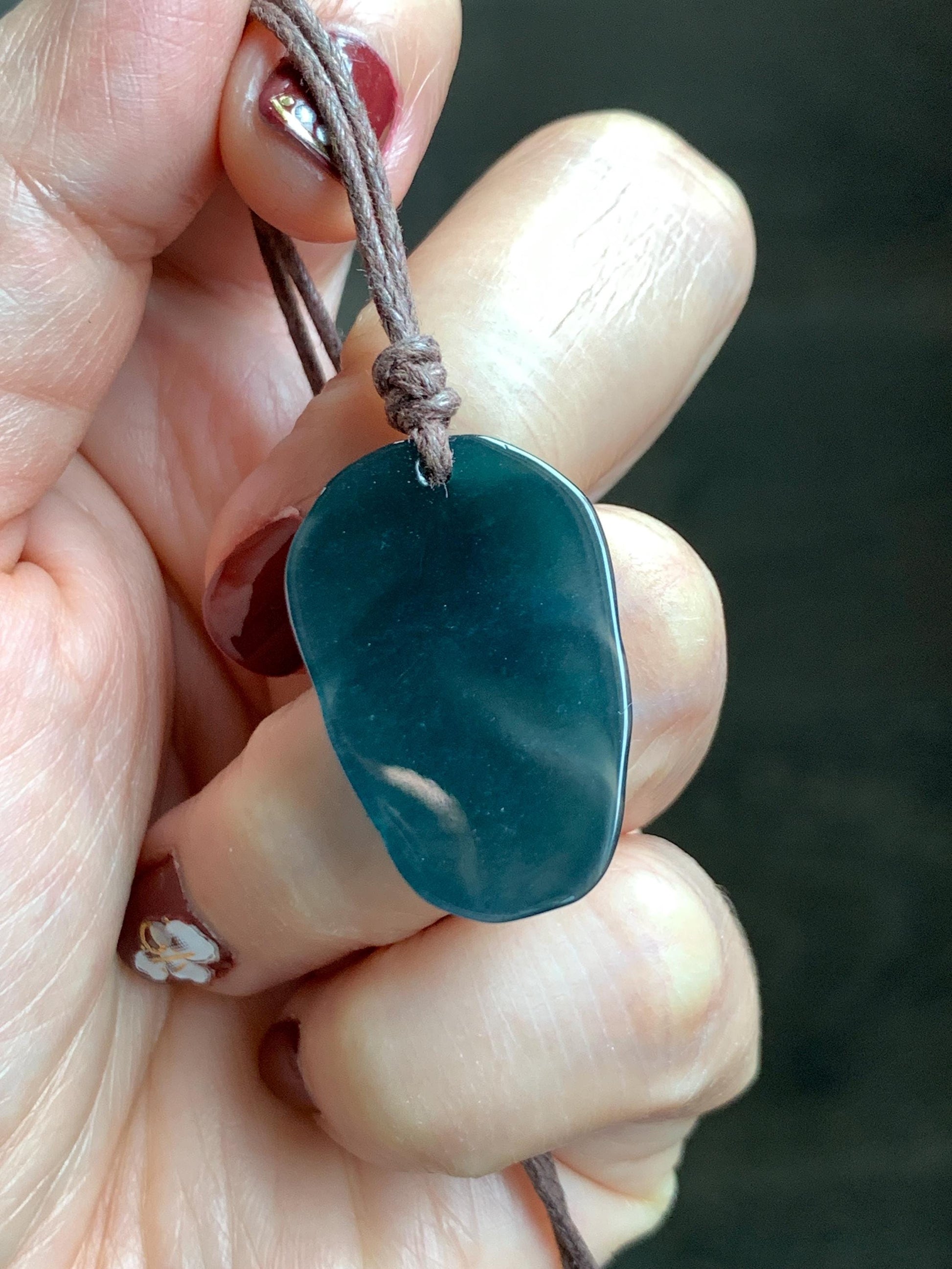 Natural Grade A Guatemalan Icy Translucent Dark Teal Blue Jade Jadeite Carved Leaf Pendant Rope Necklace 25” 7g 天然老种冰危深蓝水翡翠大叶有成吊坠 SLY99B