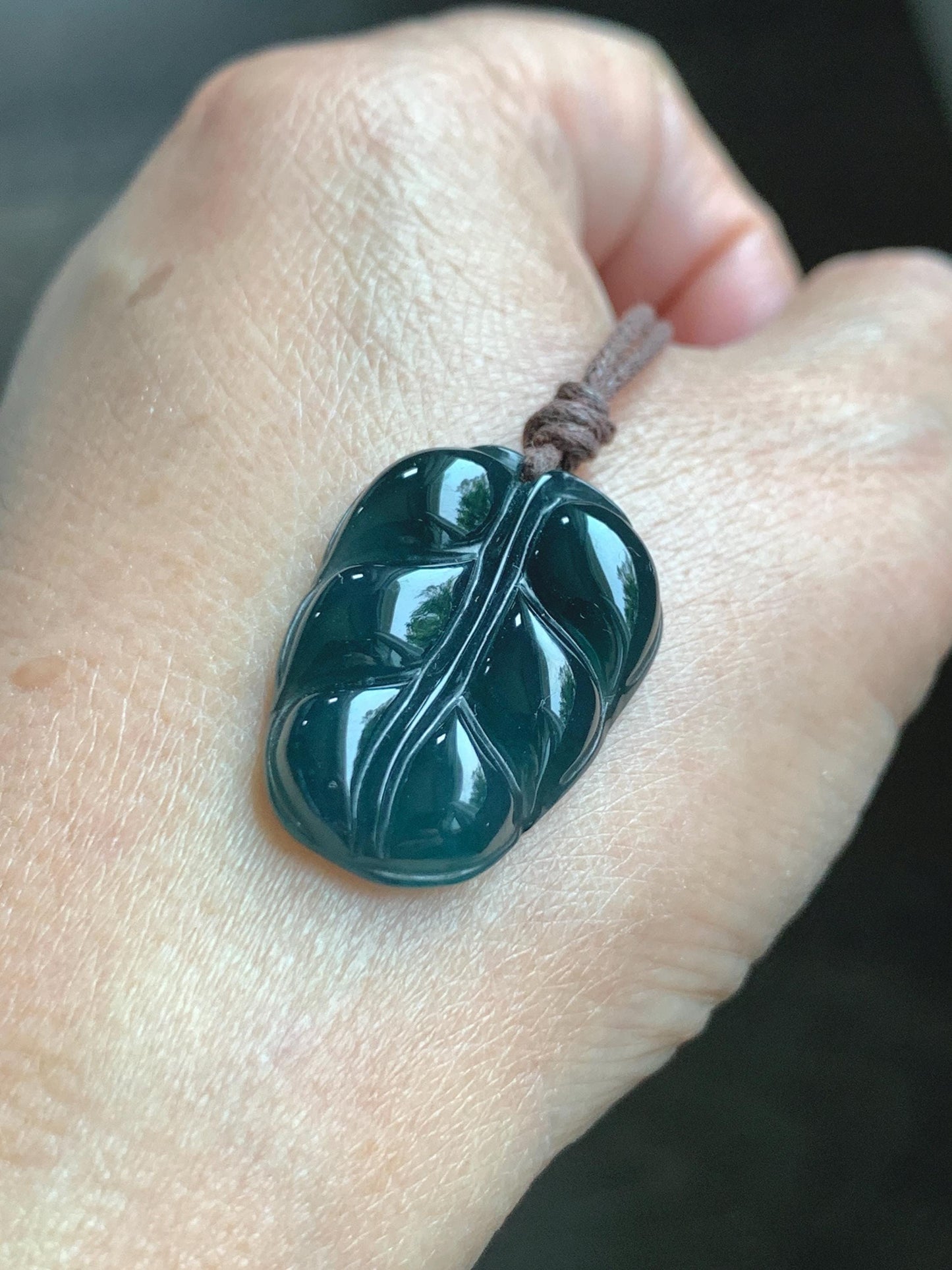Natural Grade A Guatemalan Icy Translucent Dark Teal Blue Jade Jadeite Carved Leaf Pendant Rope Necklace 25” 7g 天然老种冰危深蓝水翡翠大叶有成吊坠 SLY99B