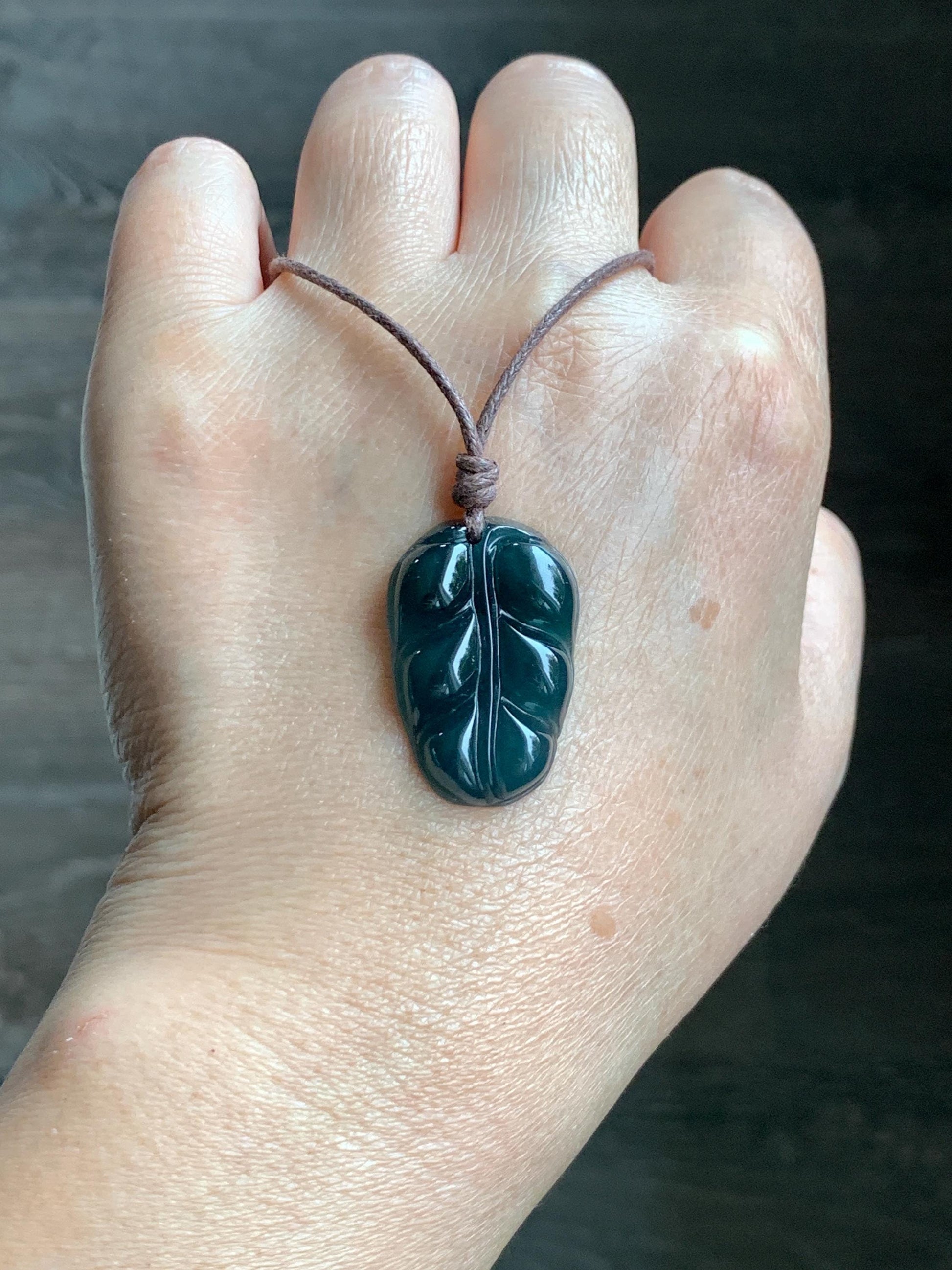 Natural Grade A Guatemalan Icy Translucent Dark Teal Blue Jade Jadeite Carved Leaf Pendant Rope Necklace 25” 7g 天然老种冰危深蓝水翡翠大叶有成吊坠 SLY99B