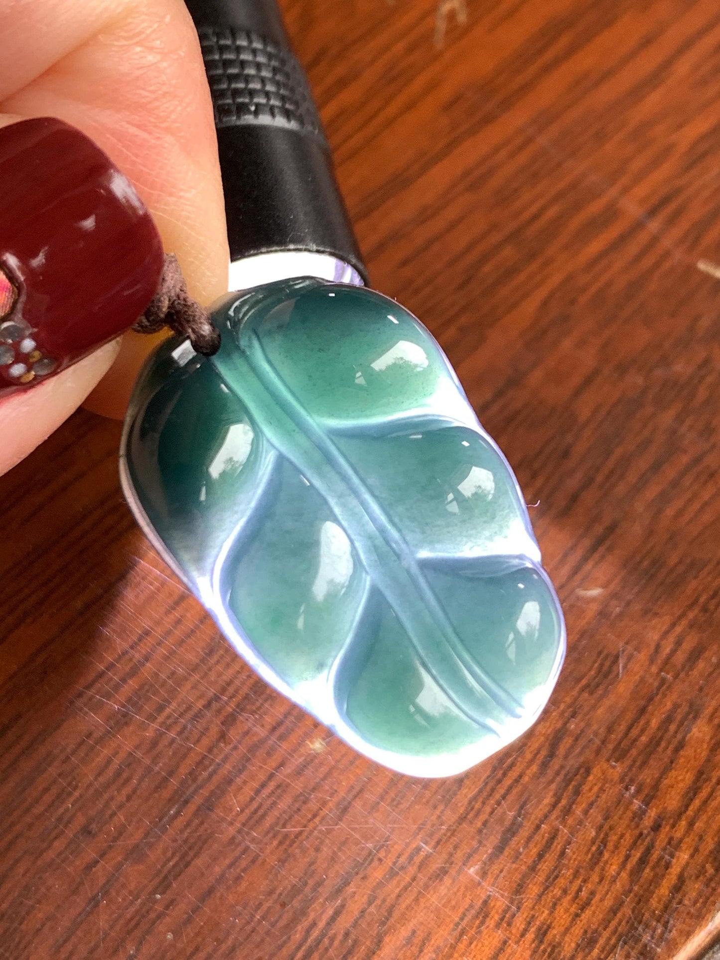 Natural Grade A Guatemalan Icy Translucent Dark Teal Blue Jade Jadeite Carved Leaf Pendant Rope Necklace 25” 7g 天然老种冰危深蓝水翡翠大叶有成吊坠 SLY99B