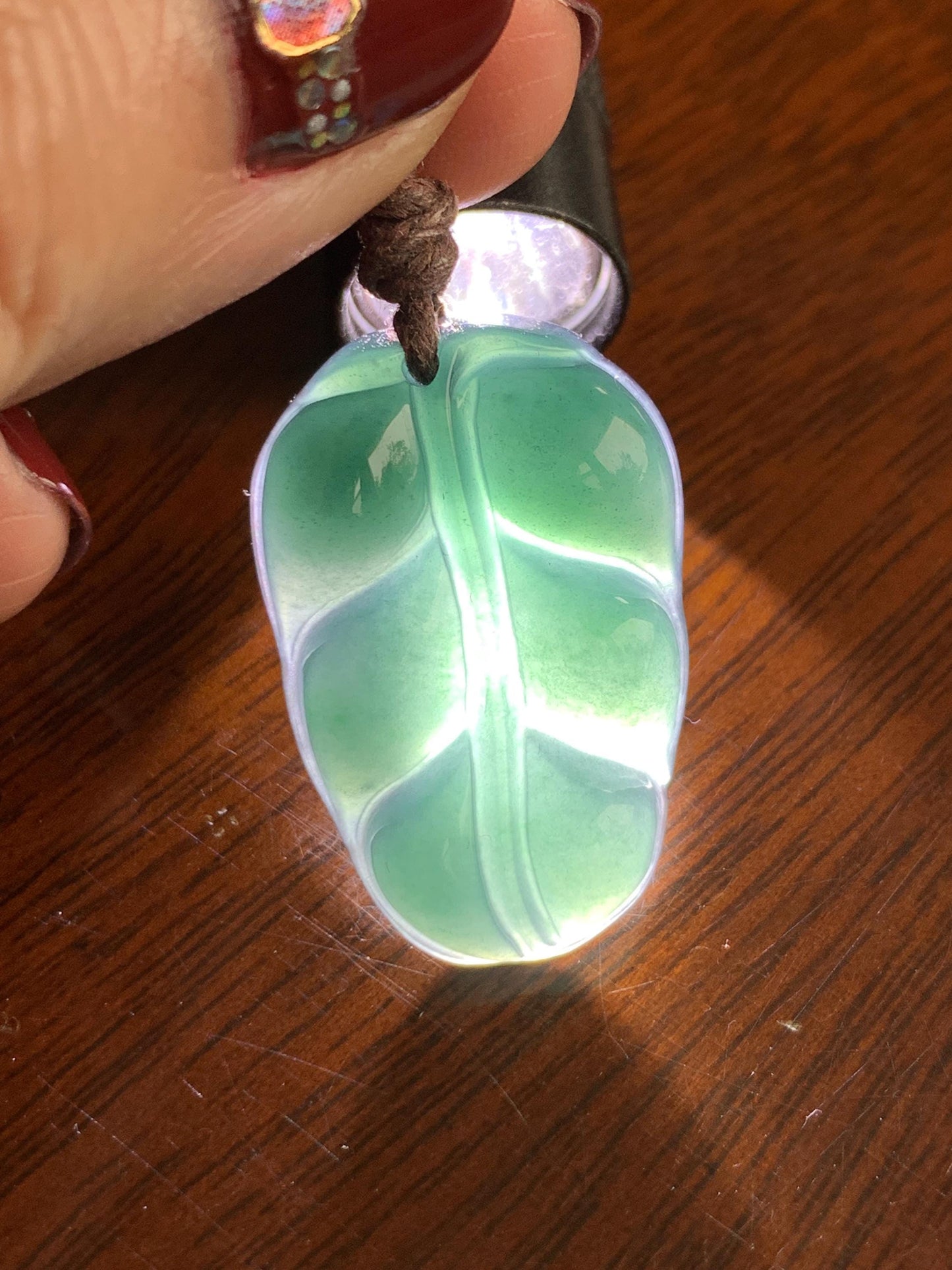Natural Grade A Guatemalan Icy Translucent Dark Teal Blue Jade Jadeite Carved Leaf Pendant Rope Necklace 25” 7g 天然老种冰危深蓝水翡翠大叶有成吊坠 SLY99B