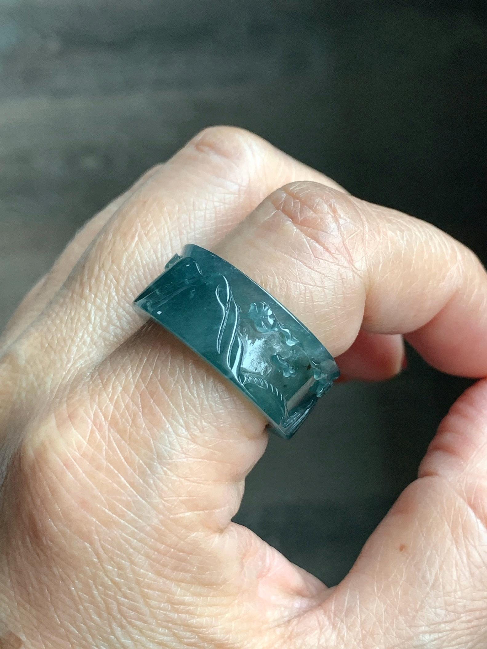 Natural Grade A Guatemalan Icy Translucent Dark Teal Blue Jade Jadeite Engraved Shan Shui Band Ring Size 10.25 US 天然冰危深蓝翡翠山水戒圈 KSH168A