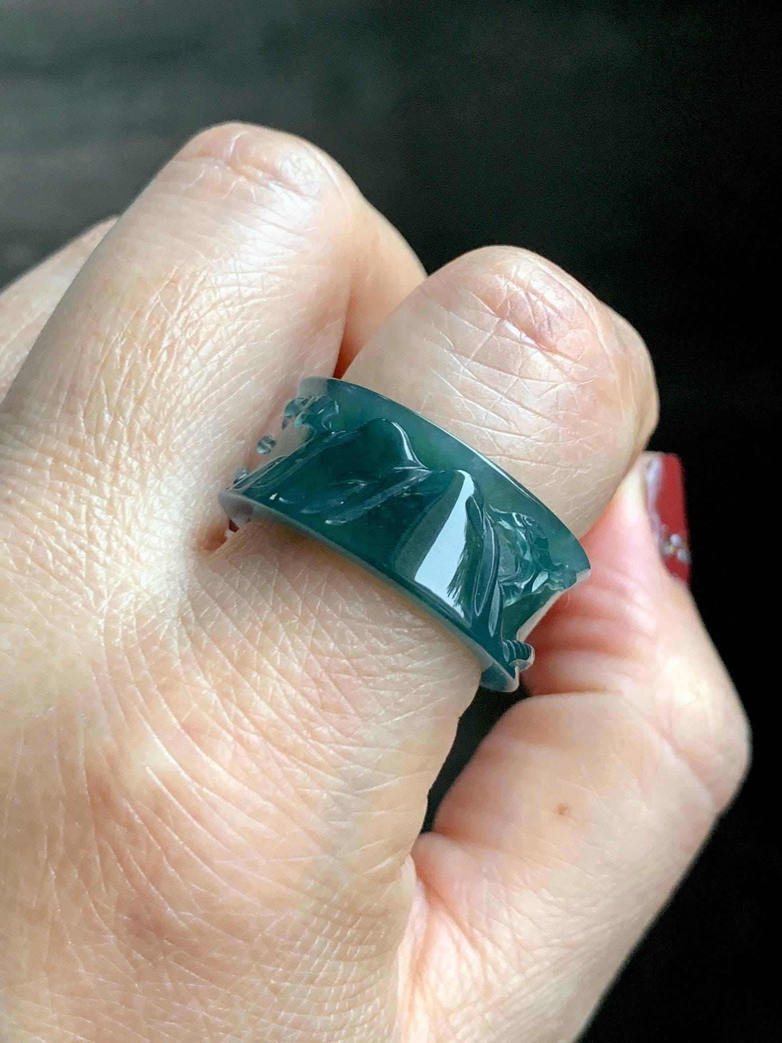 Natural Grade A Guatemalan Icy Translucent Dark Teal Blue Jade Jadeite Engraved Shan Shui Band Ring Size 10.25 US 天然冰危深蓝翡翠山水戒圈 KSH168A