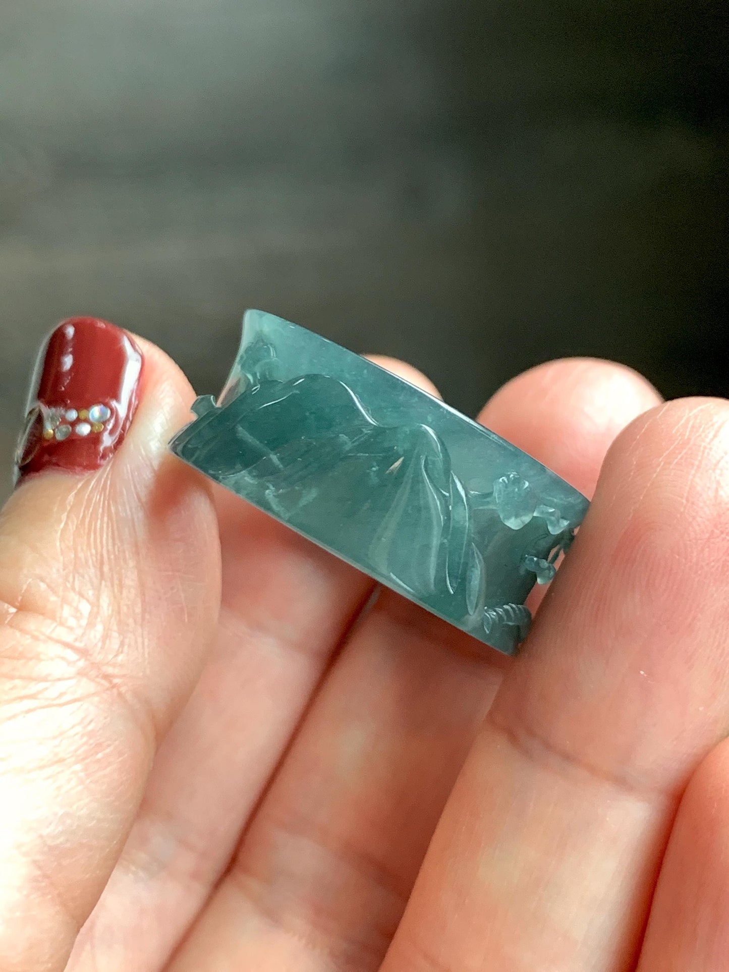 Natural Grade A Guatemalan Icy Translucent Dark Teal Blue Jade Jadeite Engraved Shan Shui Band Ring Size 10.25 US 天然冰危深蓝翡翠山水戒圈 KSH168A