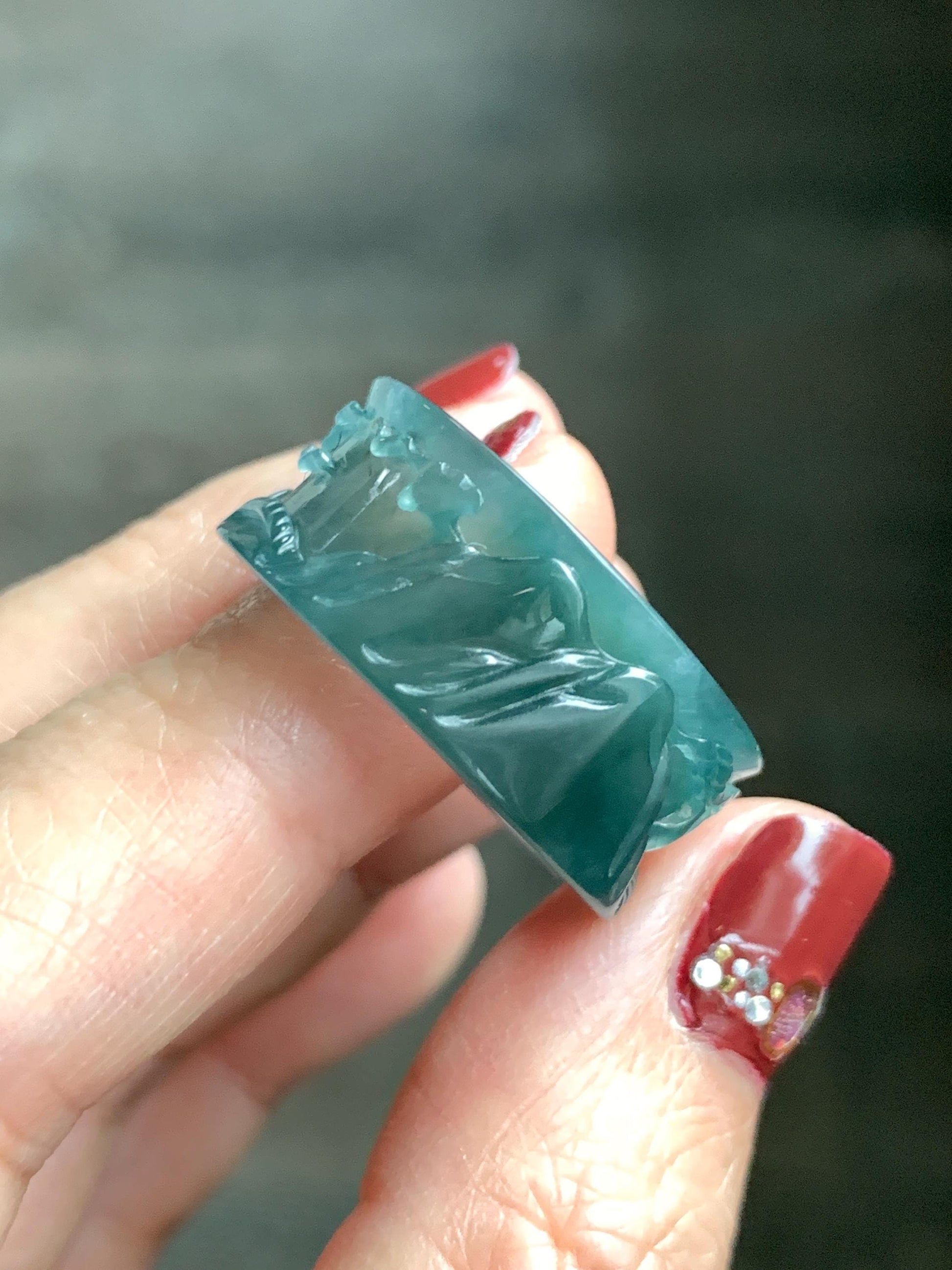 Natural Grade A Guatemalan Icy Translucent Dark Teal Blue Jade Jadeite Engraved Shan Shui Band Ring Size 10.25 US 天然冰危深蓝翡翠山水戒圈 KSH168A