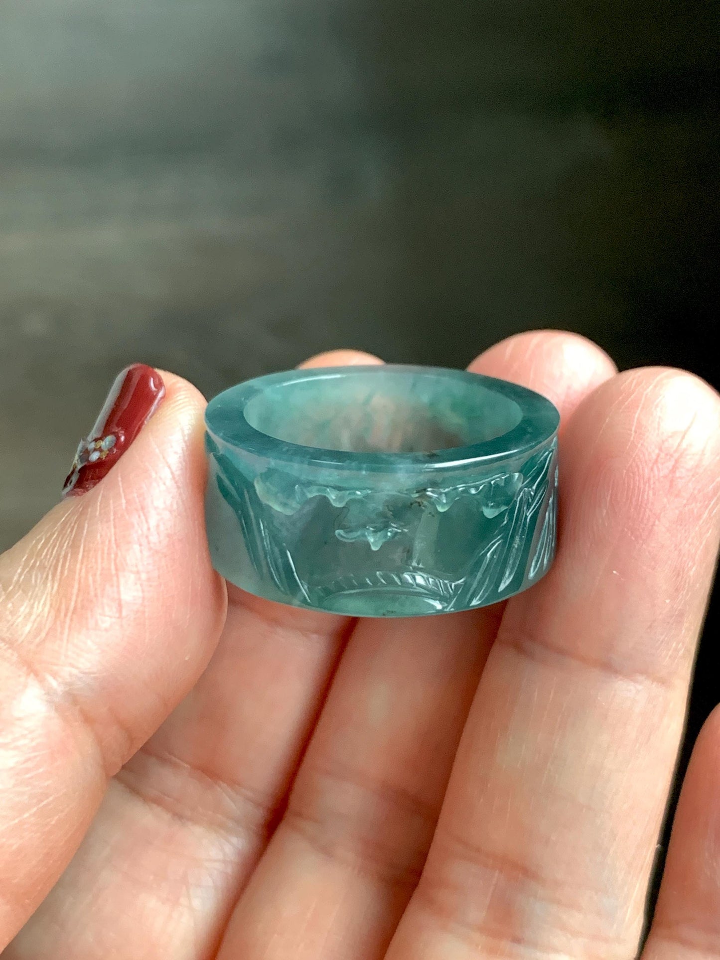Natural Grade A Guatemalan Icy Translucent Dark Teal Blue Jade Jadeite Engraved Shan Shui Band Ring Size 10.25 US 天然冰危深蓝翡翠山水戒圈 KSH168A