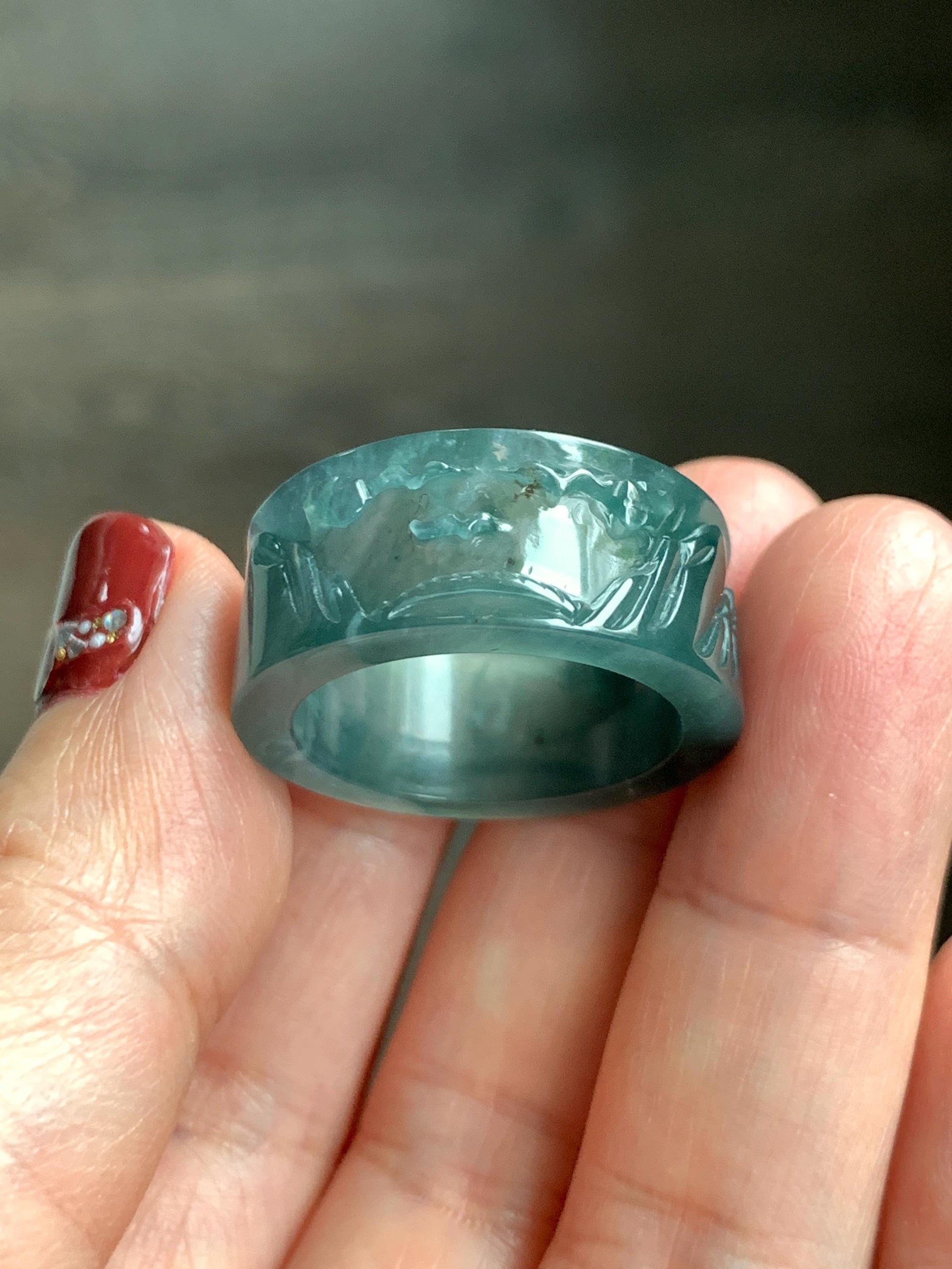 Natural Grade A Guatemalan Icy Translucent Dark Teal Blue Jade Jadeite Engraved Shan Shui Band Ring Size 10.25 US 天然冰危深蓝翡翠山水戒圈 KSH168A