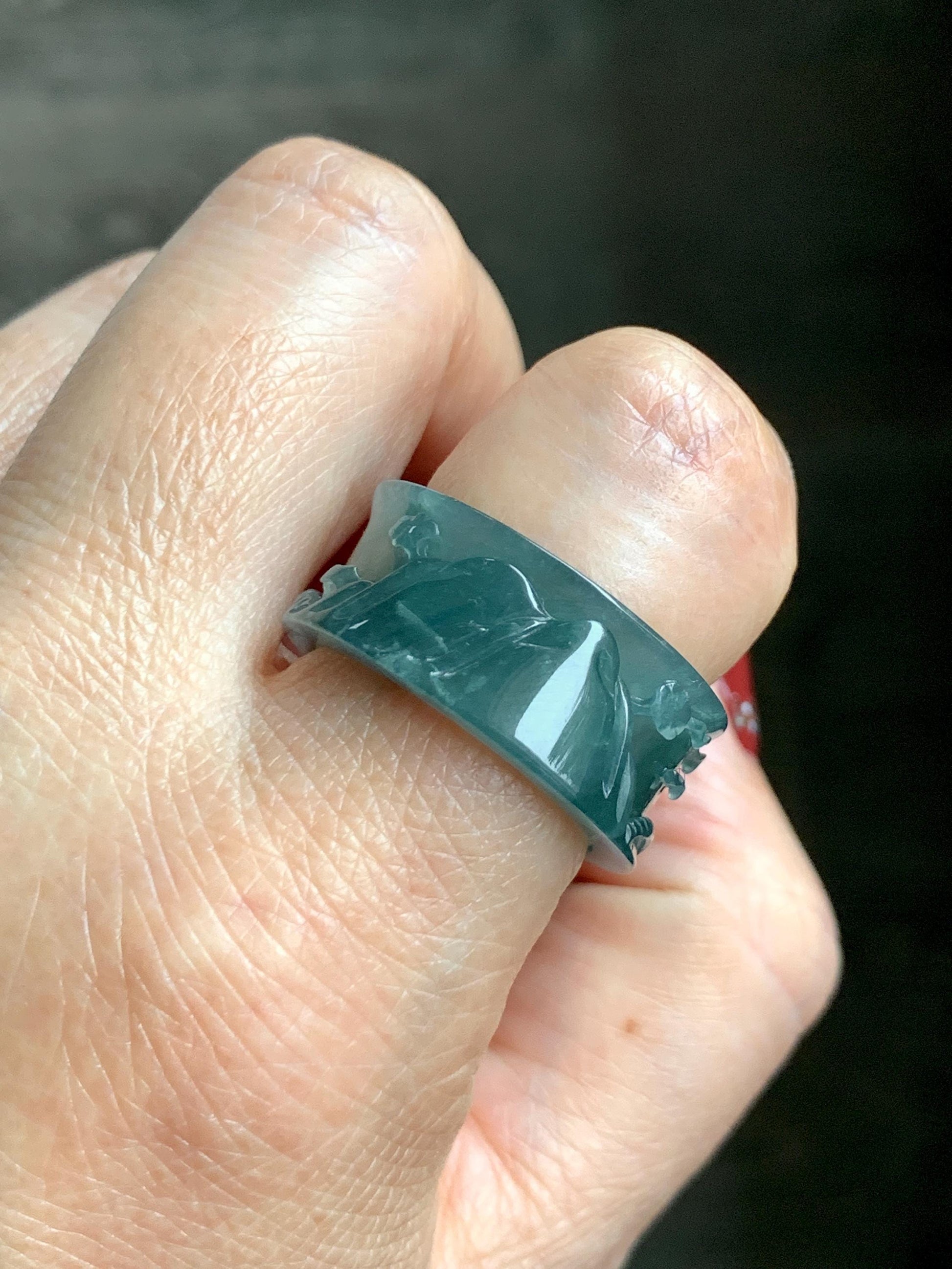 Natural Grade A Guatemalan Icy Translucent Dark Teal Blue Jade Jadeite Engraved Shan Shui Band Ring Size 10.25 US 天然冰危深蓝翡翠山水戒圈 KSH168A
