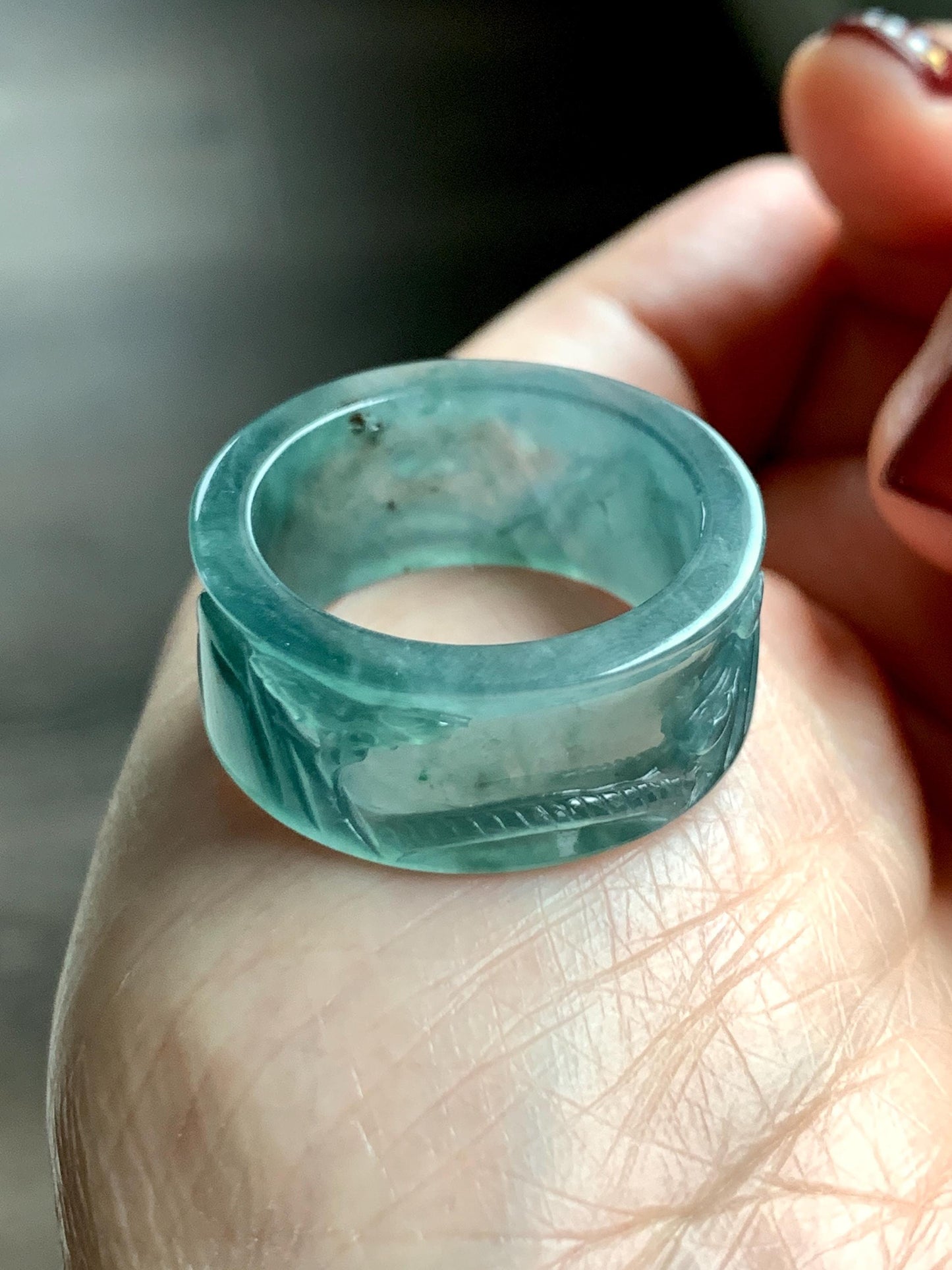 Natural Grade A Guatemalan Icy Translucent Dark Teal Blue Jade Jadeite Engraved Shan Shui Band Ring Size 10.25 US 天然冰危深蓝翡翠山水戒圈 KSH168A