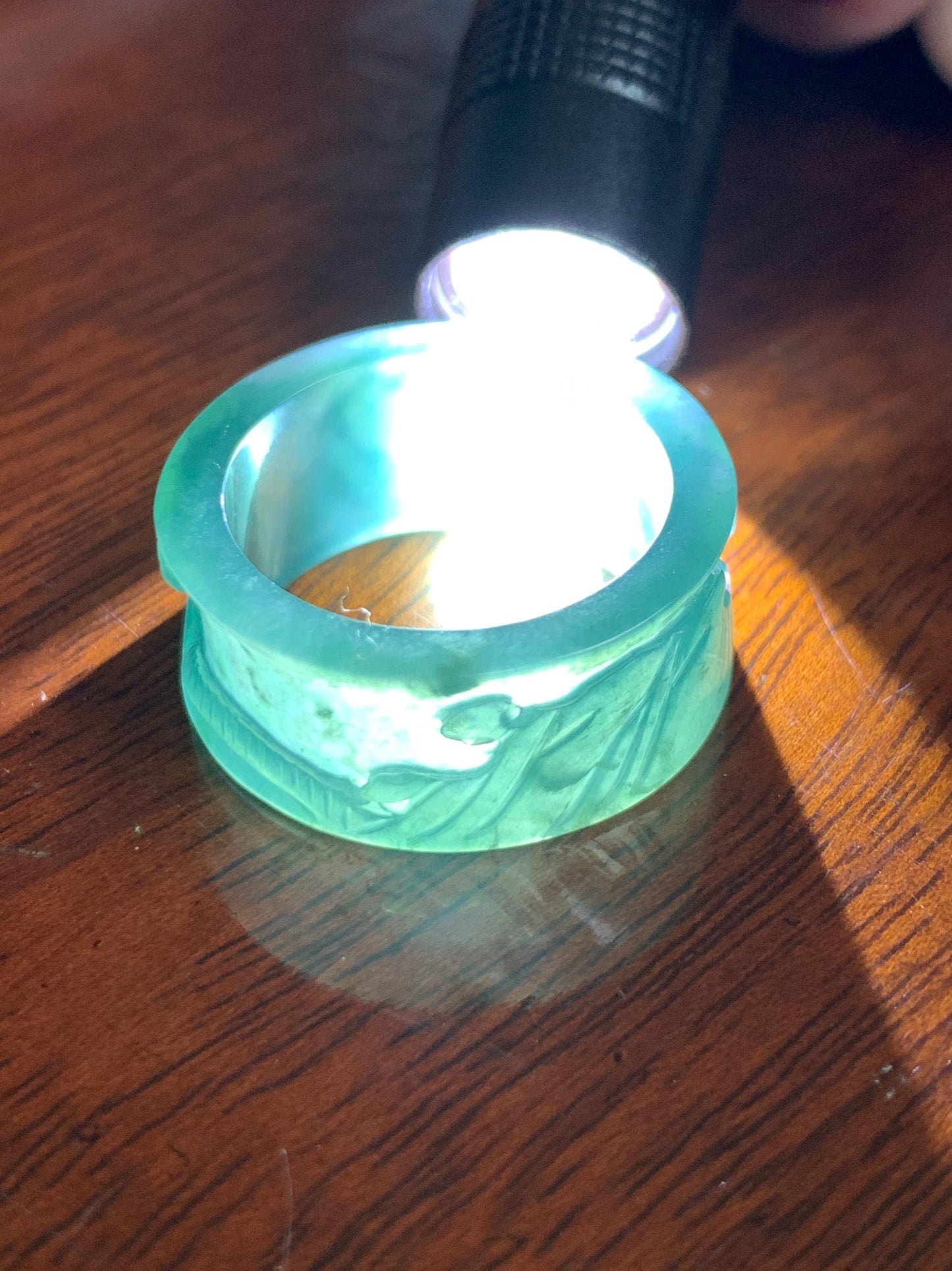 Natural Grade A Guatemalan Icy Translucent Dark Teal Blue Jade Jadeite Engraved Shan Shui Band Ring Size 10.25 US 天然冰危深蓝翡翠山水戒圈 KSH168A