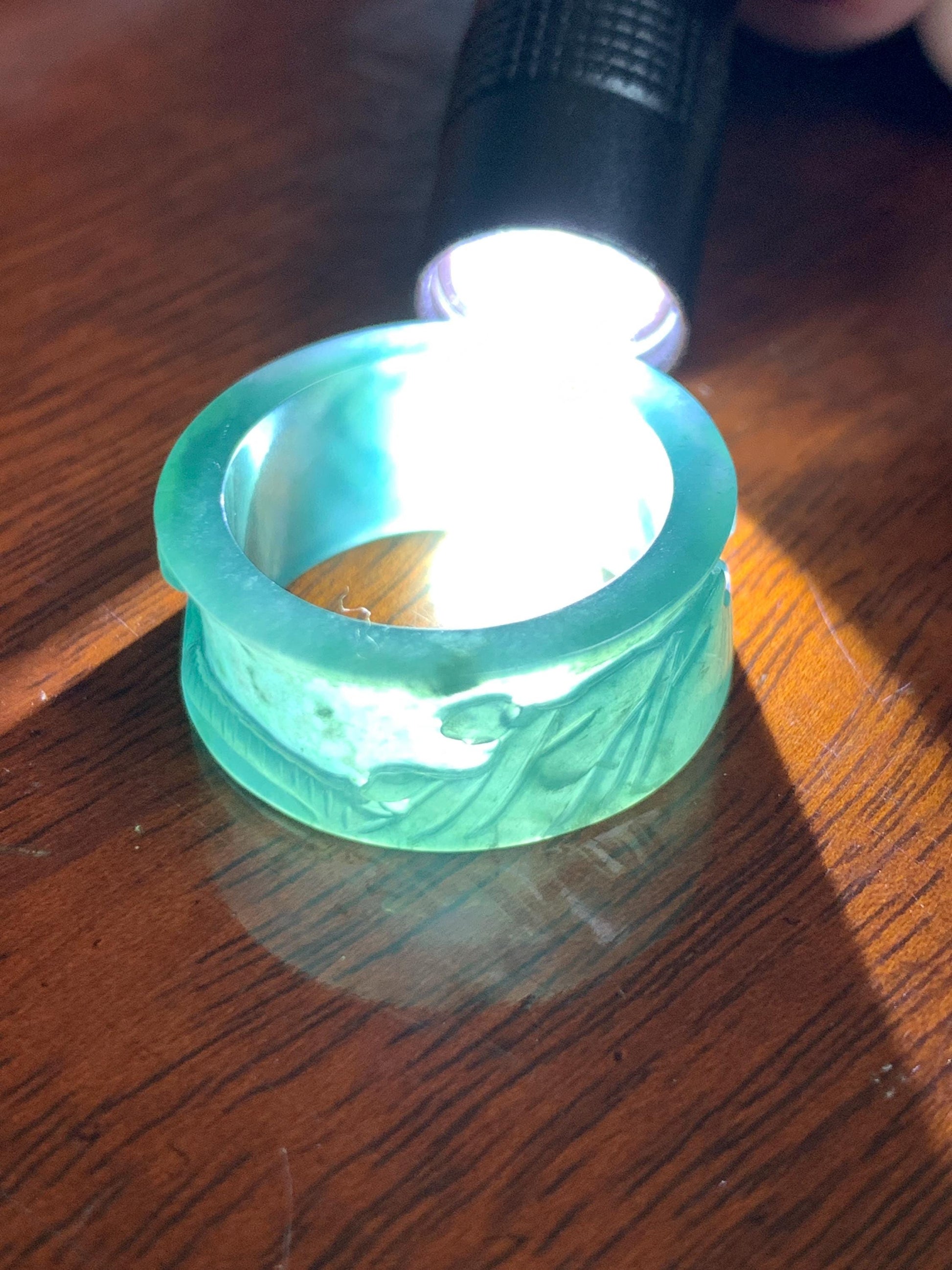 Natural Grade A Guatemalan Icy Translucent Dark Teal Blue Jade Jadeite Engraved Shan Shui Band Ring Size 10.25 US 天然冰危深蓝翡翠山水戒圈 KSH168A