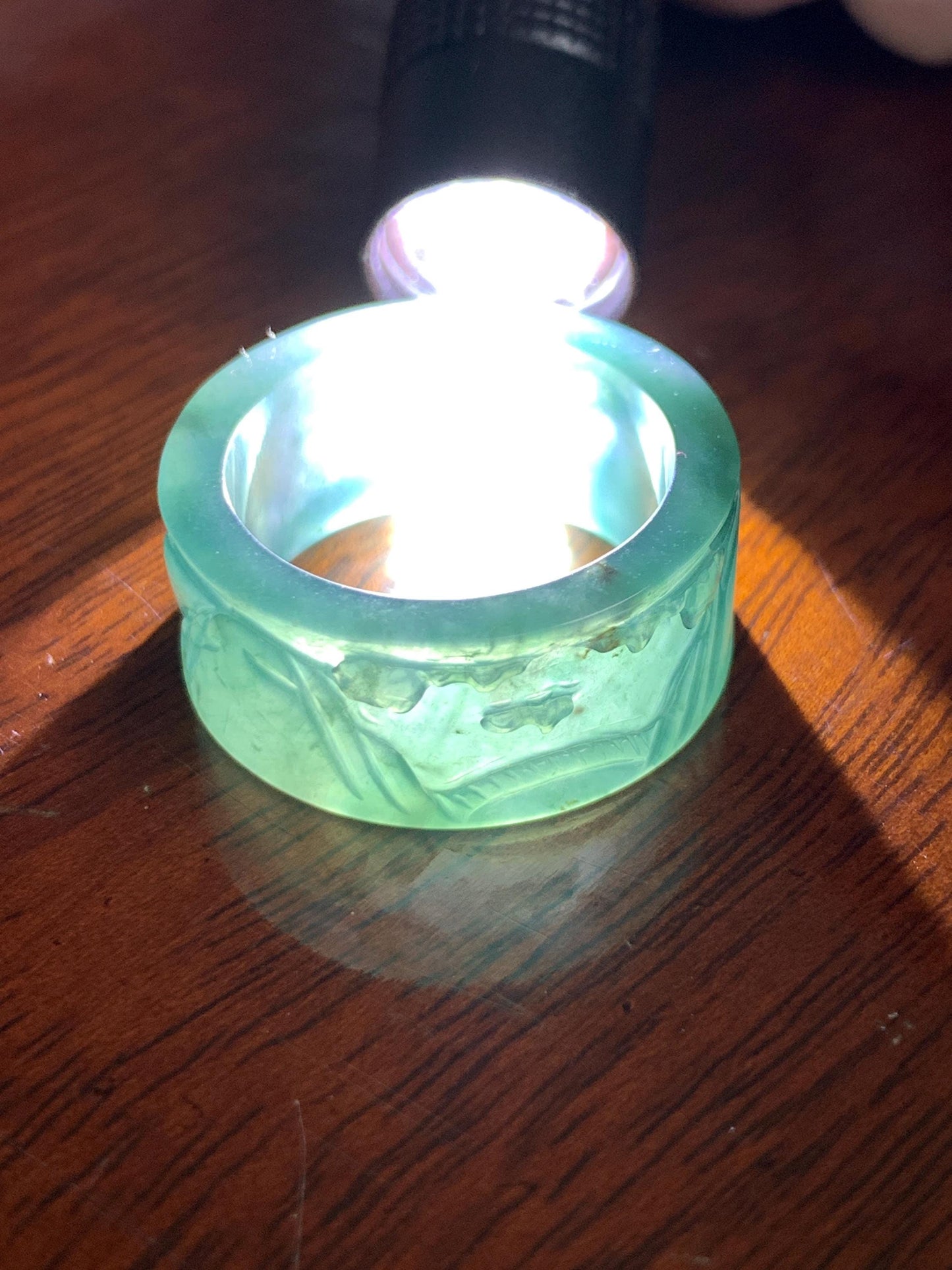 Natural Grade A Guatemalan Icy Translucent Dark Teal Blue Jade Jadeite Engraved Shan Shui Band Ring Size 10.25 US 天然冰危深蓝翡翠山水戒圈 KSH168A