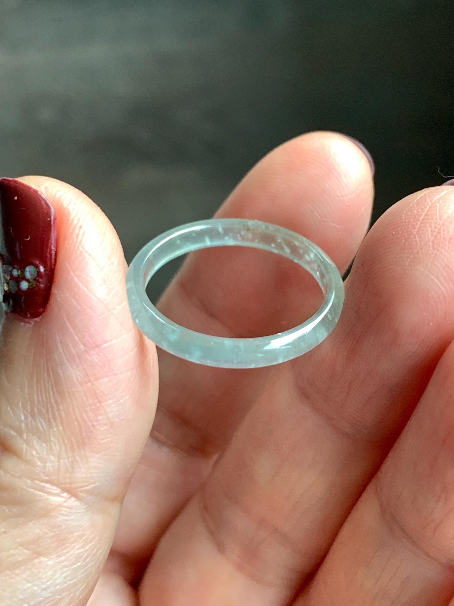 Natural Grade A Guatemalan Icy Highly Translucent Pastel Teal & Golden Marbled Jade Jadeite Band Ring Size 7.25 US 天然冰危起光晴底撒金翡翠戒圈 QSJ44A