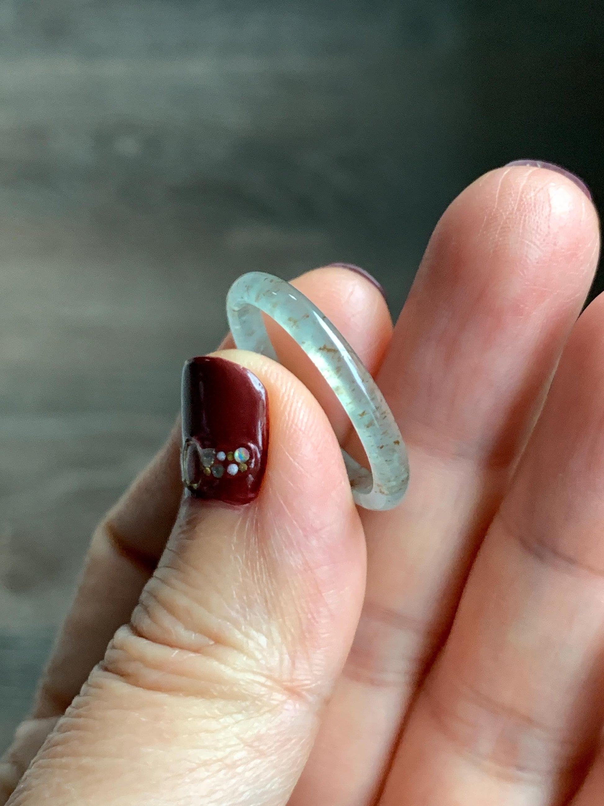 Natural Grade A Guatemalan Icy Highly Translucent Pastel Teal & Golden Marbled Jade Jadeite Band Ring Size 8.75 US 天然冰危起光晴底撒金翡翠戒圈 QSJ44C