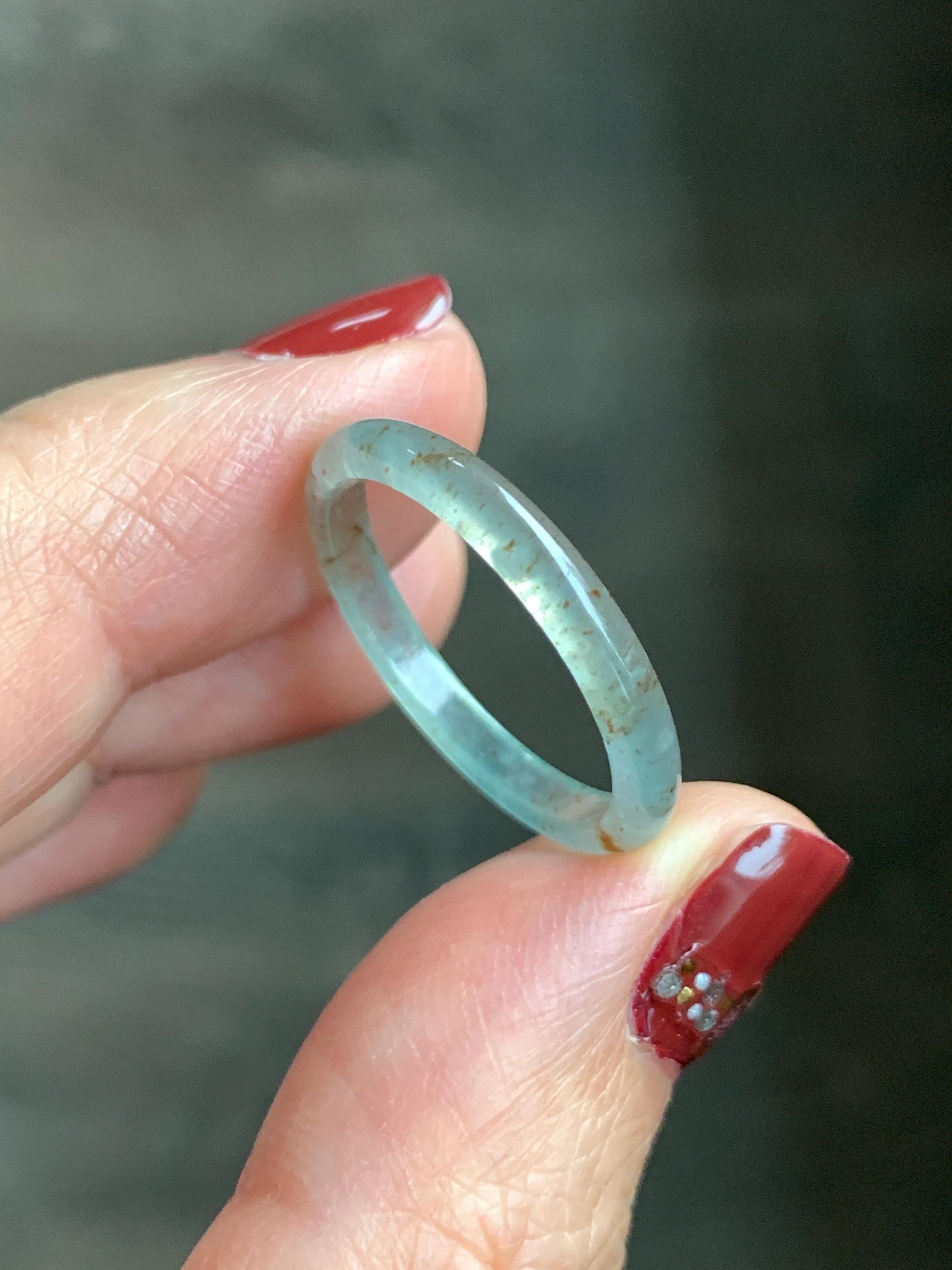 Natural Grade A Guatemalan Icy Highly Translucent Pastel Teal & Golden Marbled Jade Jadeite Band Ring Size 8.75 US 天然冰危起光晴底撒金翡翠戒圈 QSJ44C