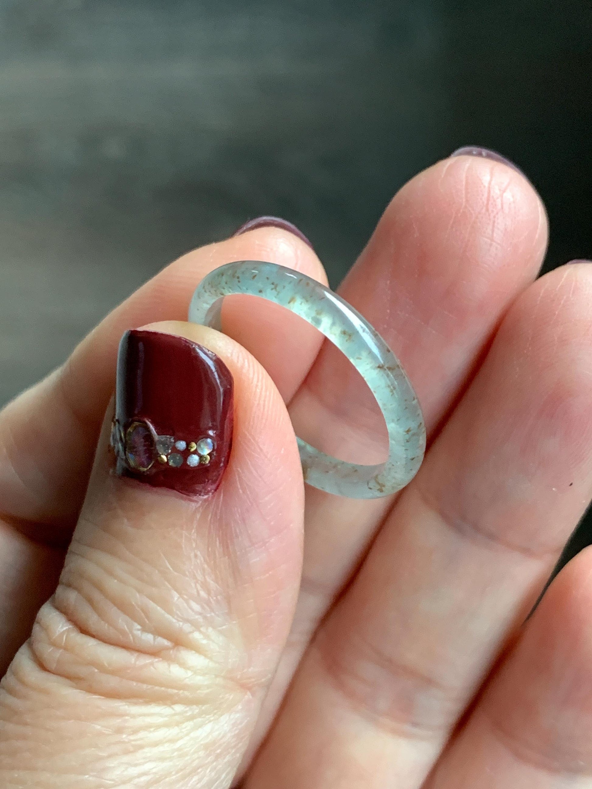 Natural Grade A Guatemalan Icy Highly Translucent Pastel Teal & Golden Marbled Jade Jadeite Band Ring Size 8.75 US 天然冰危起光晴底撒金翡翠戒圈 QSJ44C