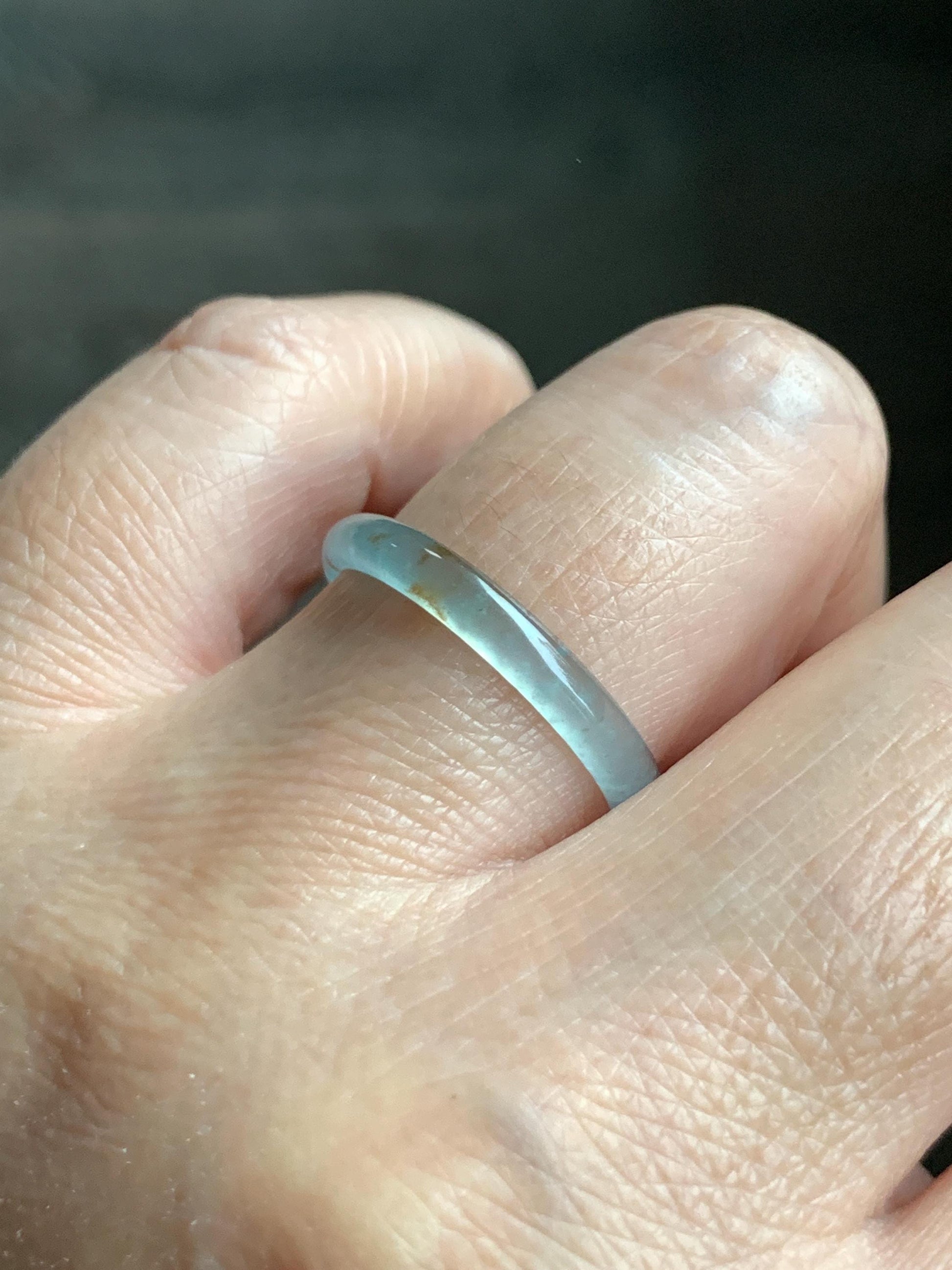 Natural Grade A Guatemalan Icy Highly Translucent Pastel Teal & Golden Marbled Jade Jadeite Band Ring Size 8.75 US 天然冰危起光晴底撒金翡翠戒圈 QSJ44D