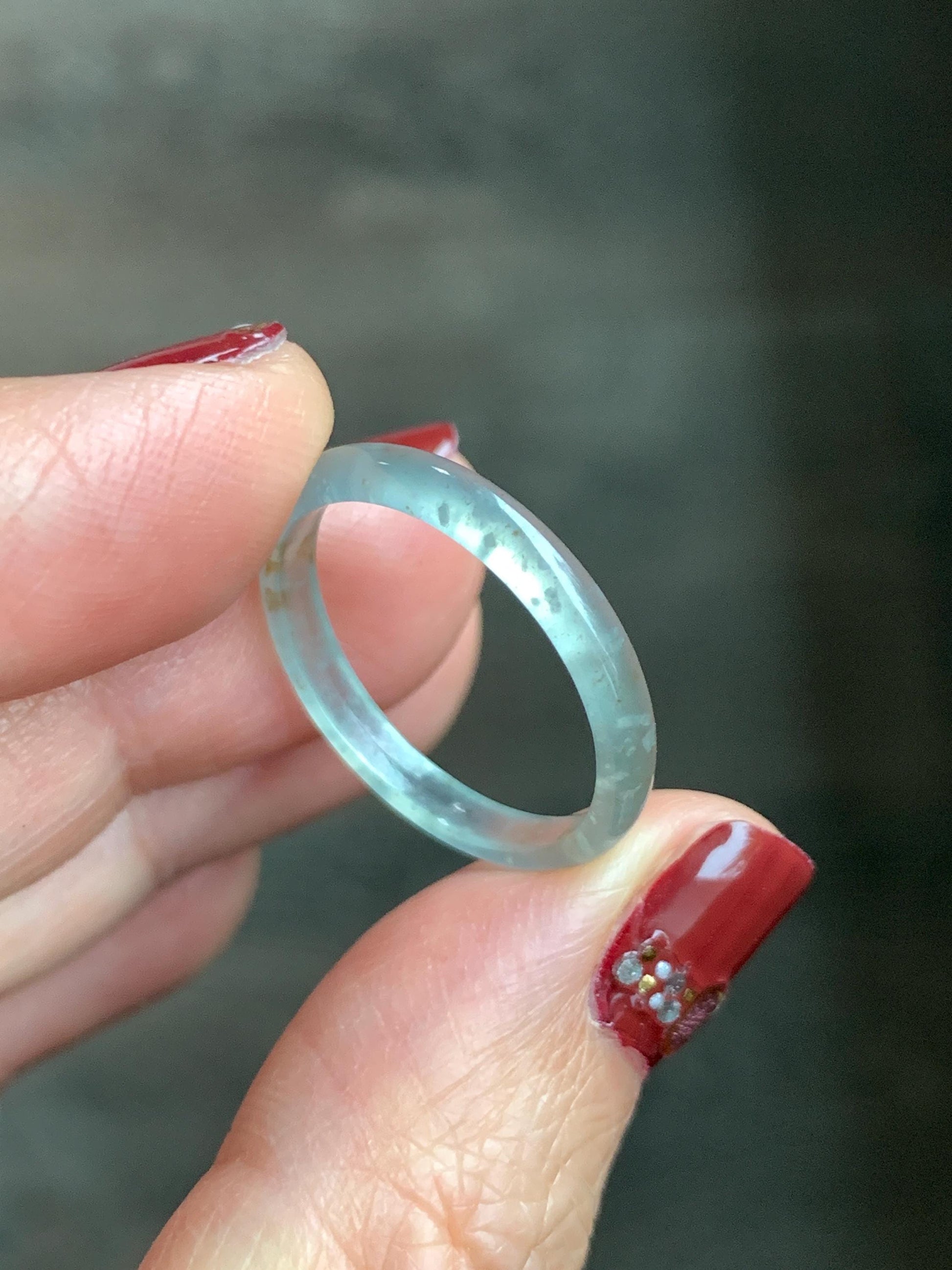 Natural Grade A Guatemalan Icy Highly Translucent Pastel Teal & Golden Marbled Jade Jadeite Band Ring Size 8.75 US 天然冰危起光晴底撒金翡翠戒圈 QSJ44D