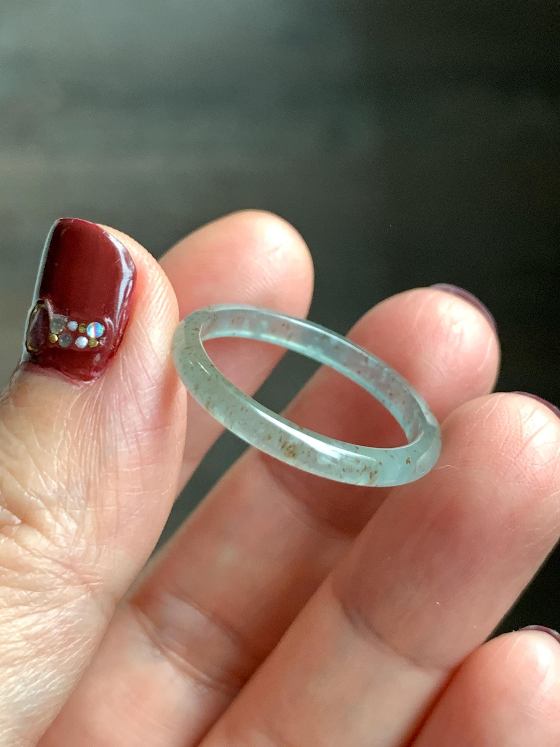 Natural Grade A Guatemalan Icy Highly Translucent Pastel Teal & Golden Marbled Jade Jadeite Band Ring Size 10.25 US 天然冰危起光晴底撒金翡翠戒圈 QSJ44E